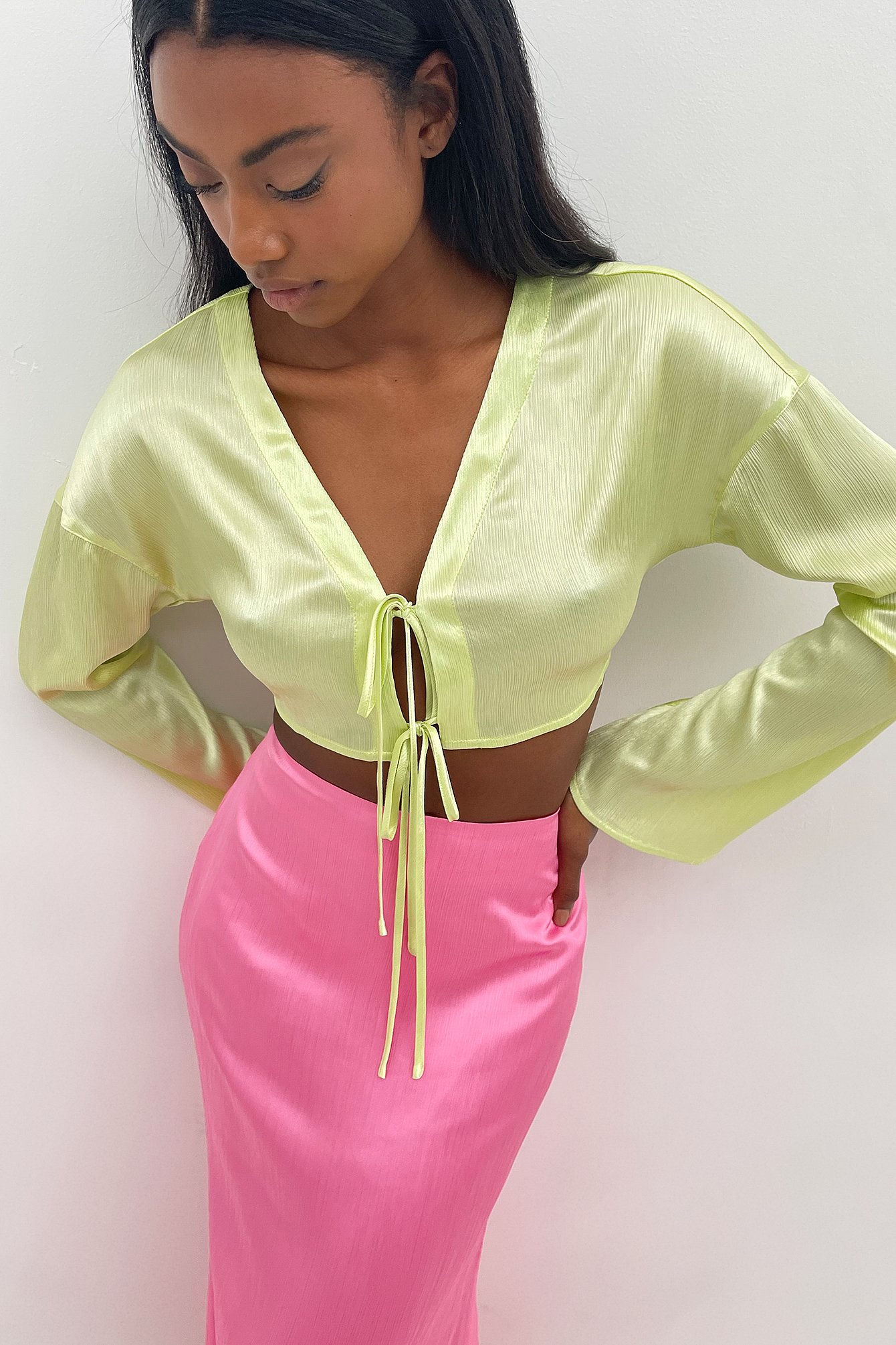 Green Recycled Tie Front LS Satin Blouse