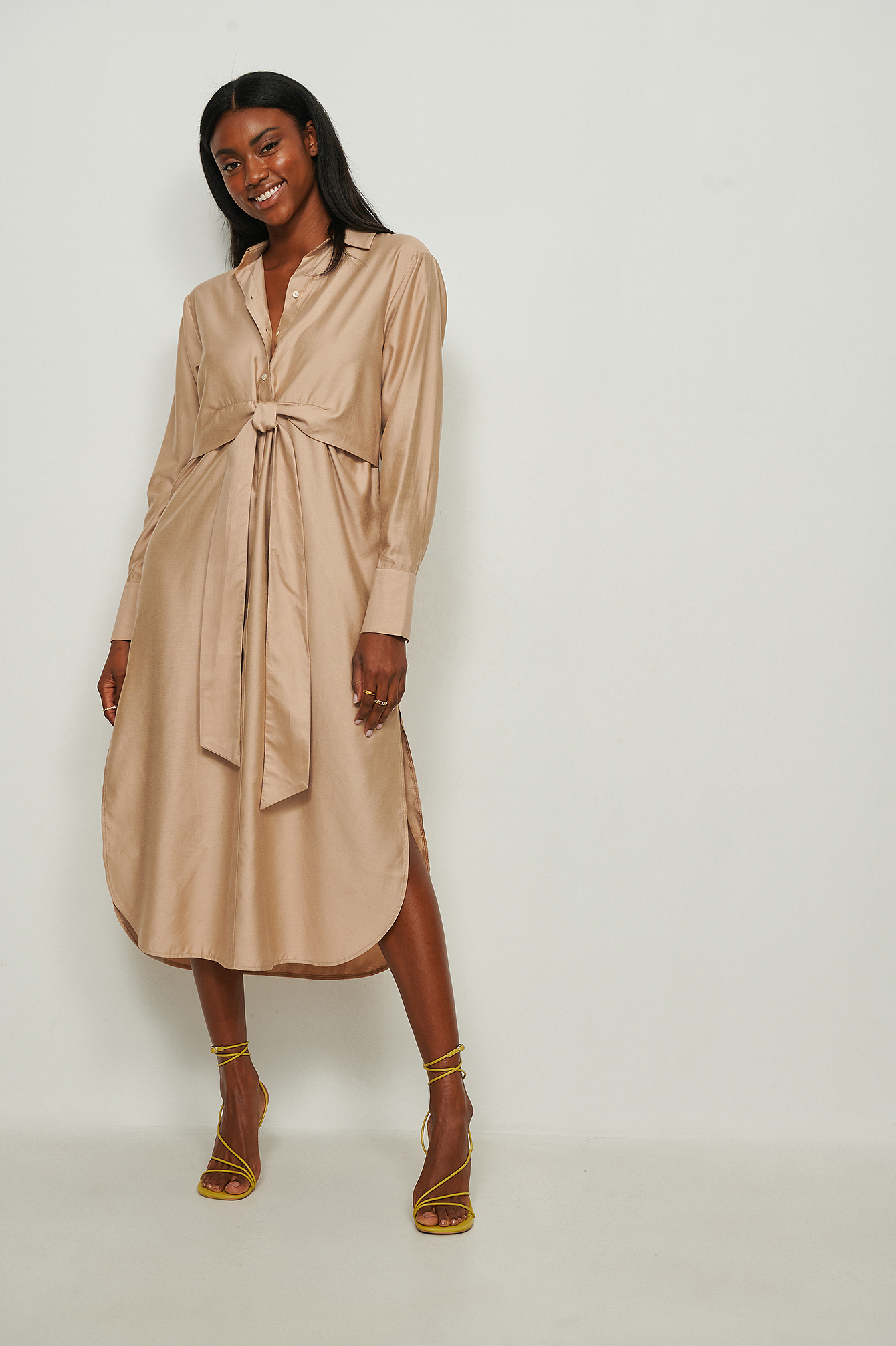 Tie Front Midi Dress Beige