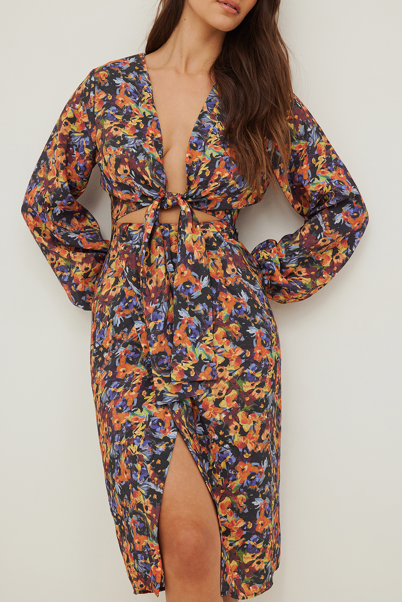 Tie Front Midi Dress Flower | na-kd.com