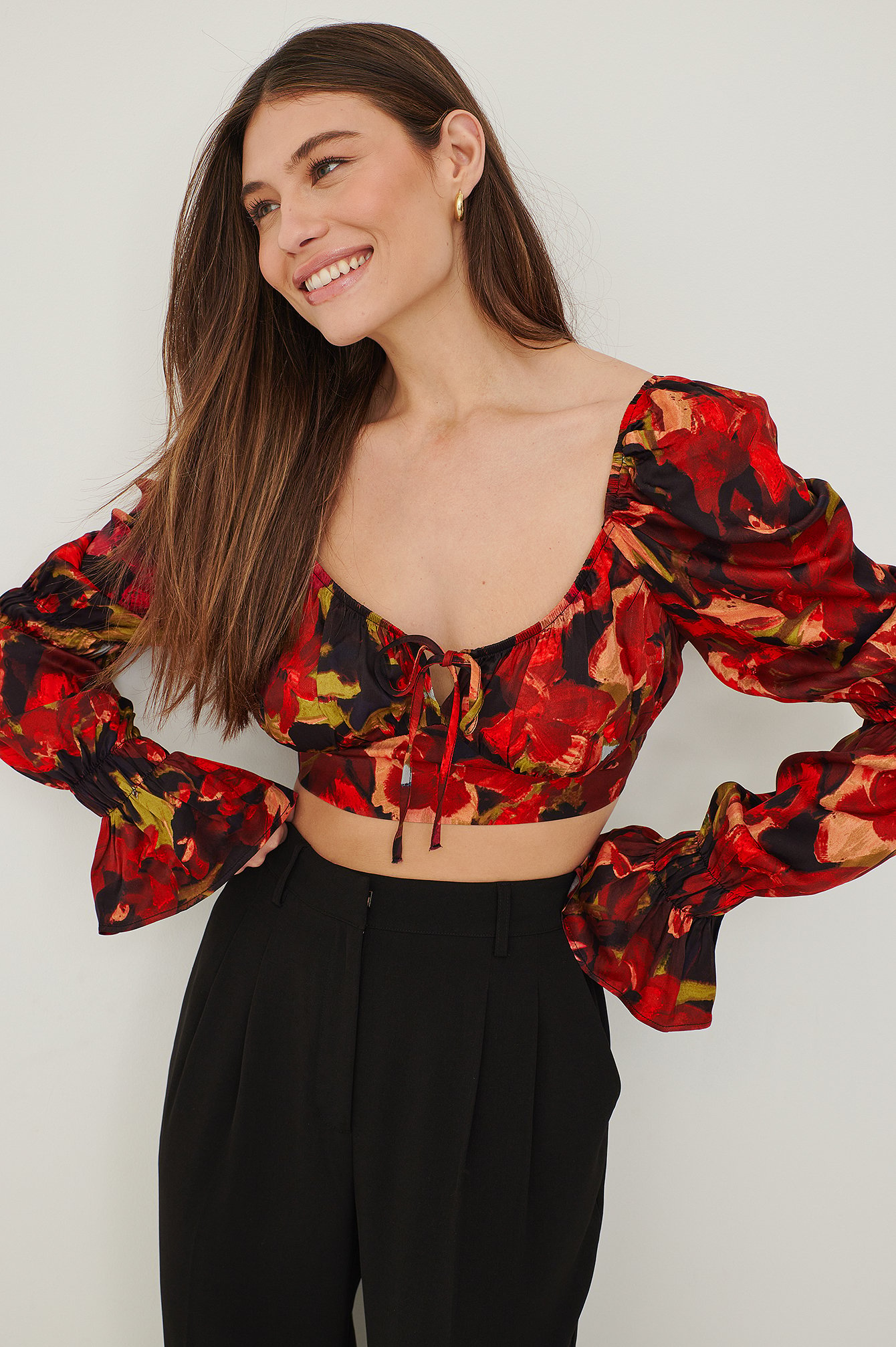 Red Wildflower Floral Tie Front Puff Sleeve Satin Blouse