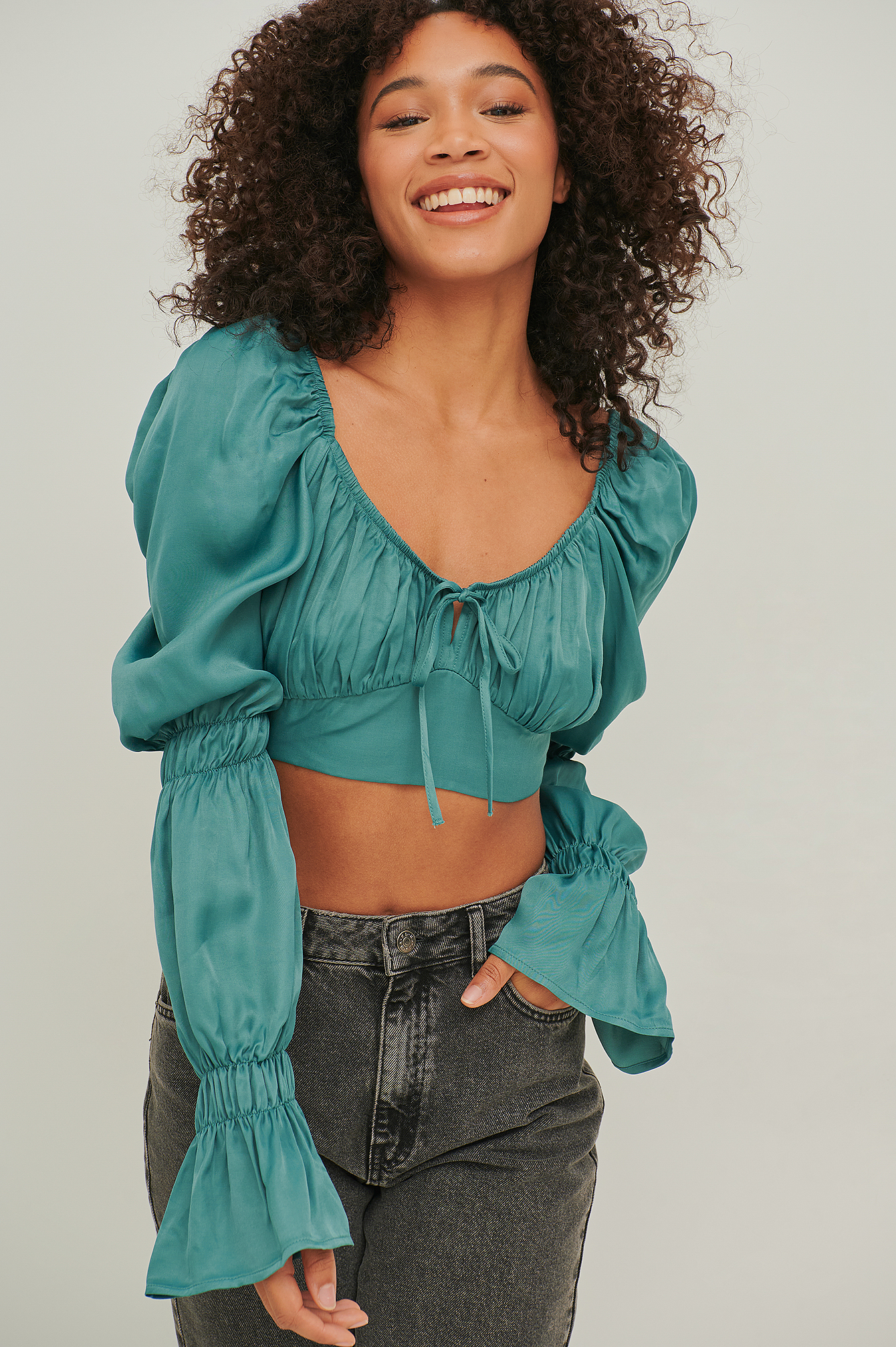 Tie Front Puff Sleeve Satin Blouse 