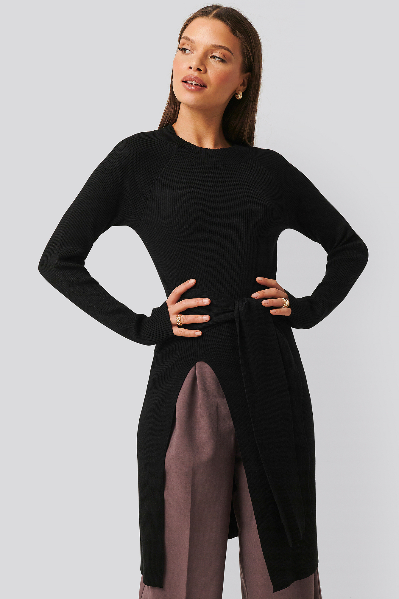 Tie Front Ribbed Sweater Black | NA-KD