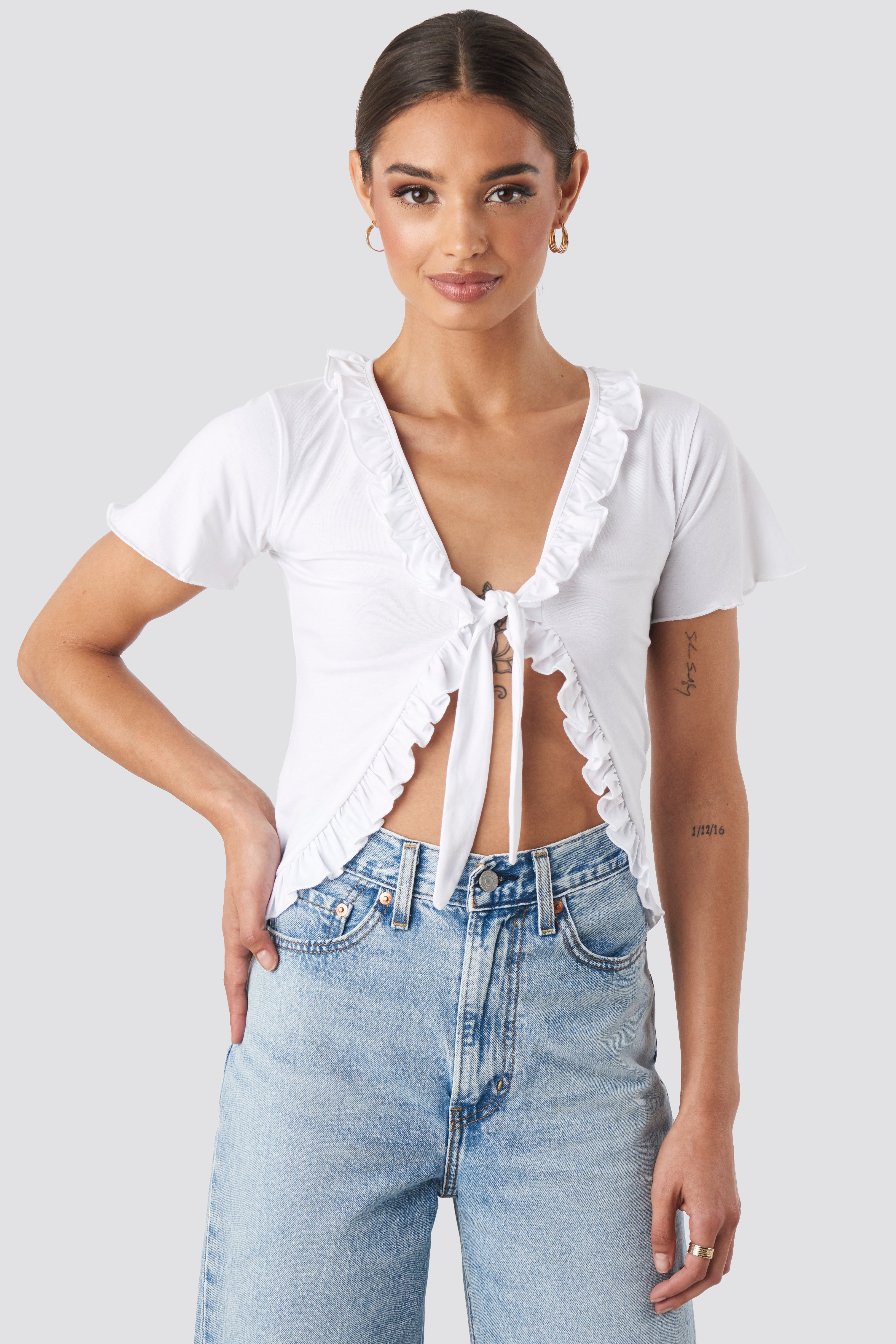 White Tie Front Ruffle Jersey Top