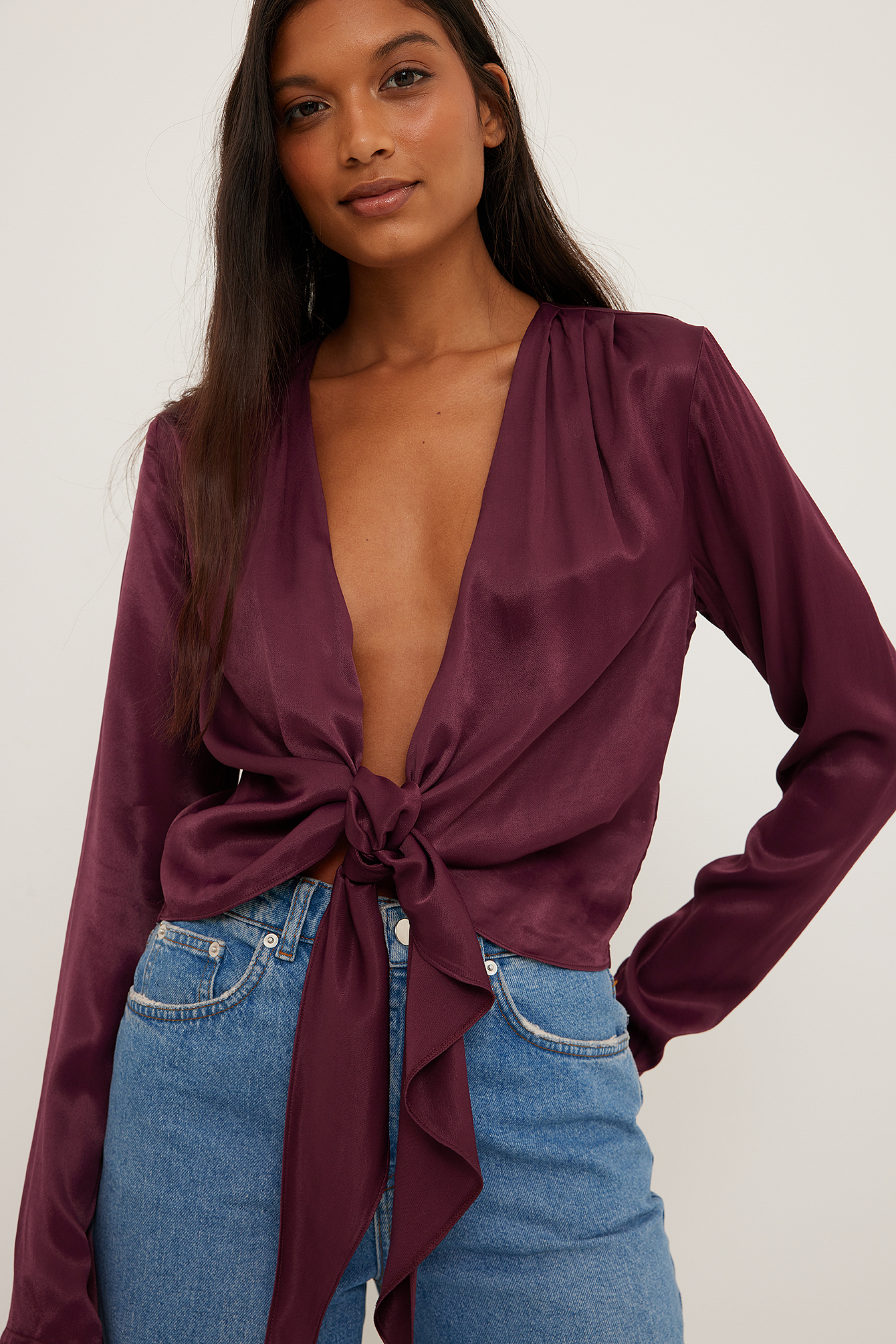 Tie Front Satin Blouse Purple | na-kd.com