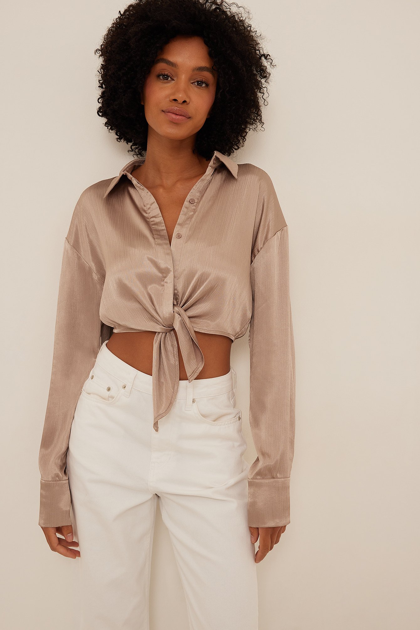 NA-KD Party Tie Front Satin LS Blouse - Beige