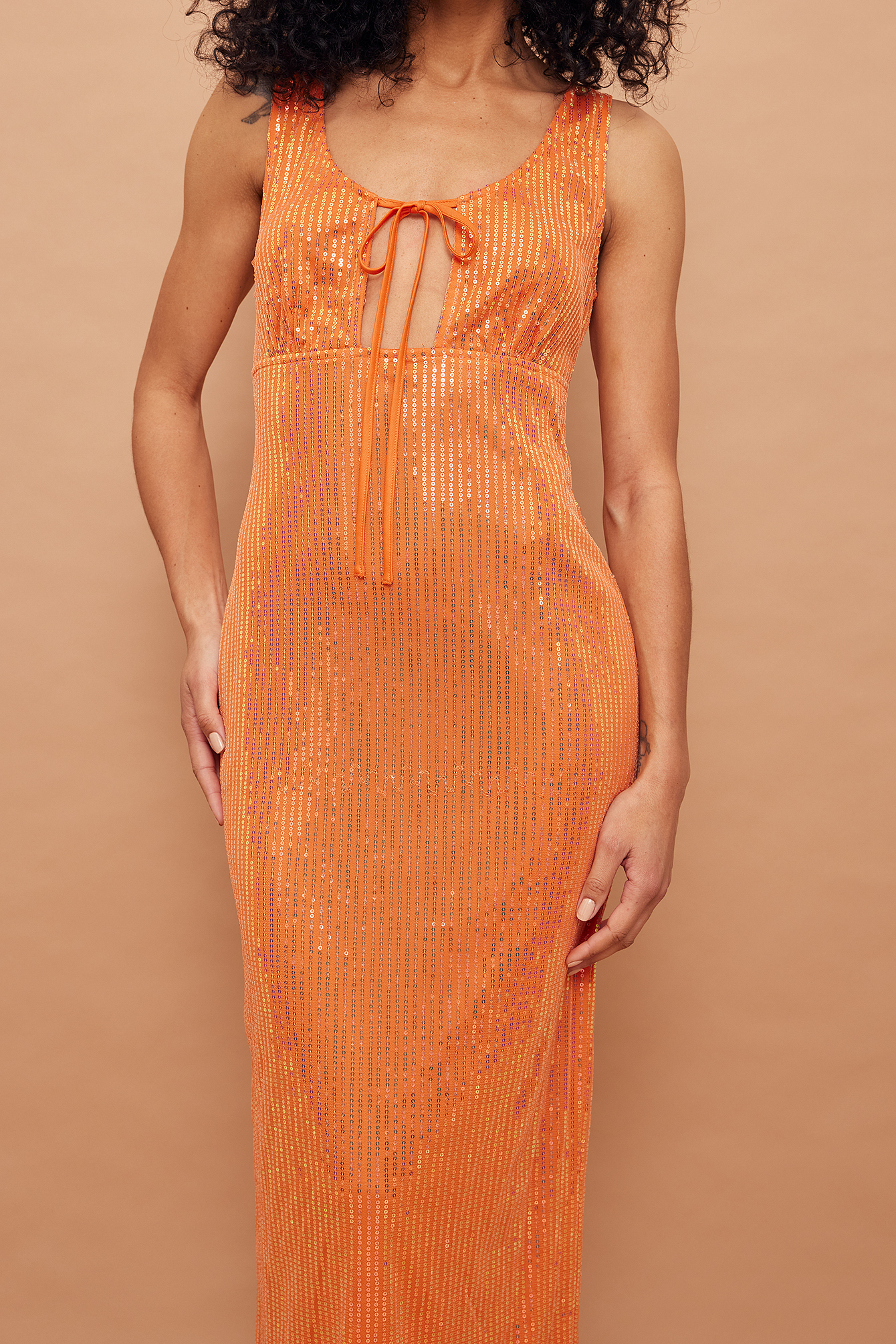 NA-KD Trend Tie Front Sequin Maxi Dress - Orange