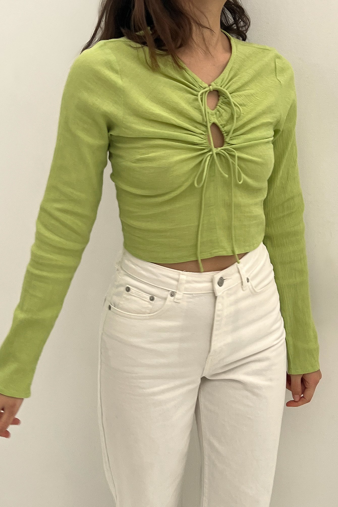 Green Blusa de algodón de manga larga y cierre frontal