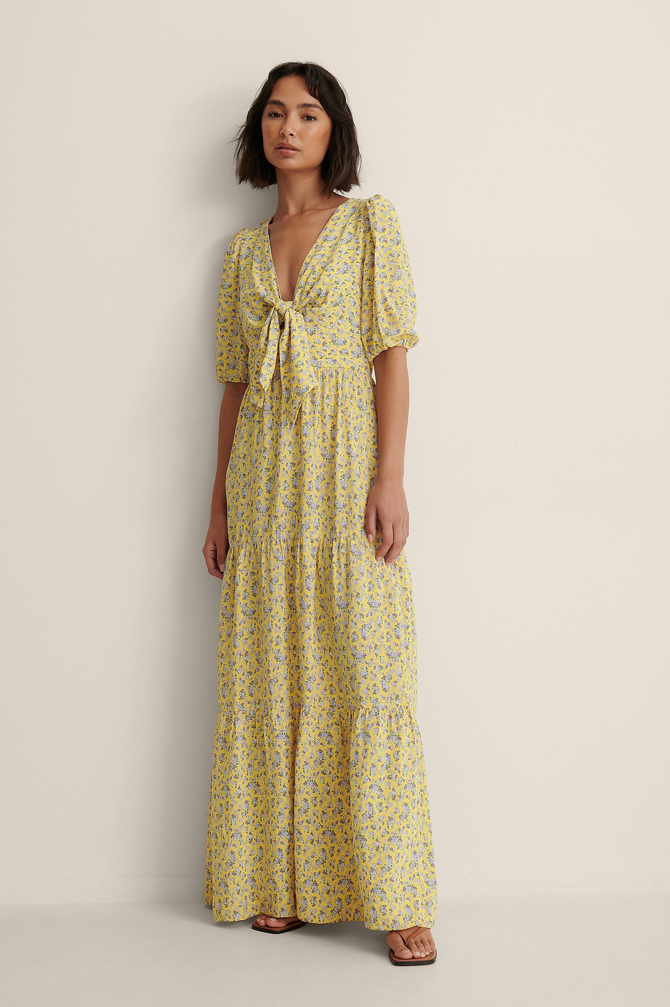 Yellow Flower Tie Front Tiered Maxi Dress