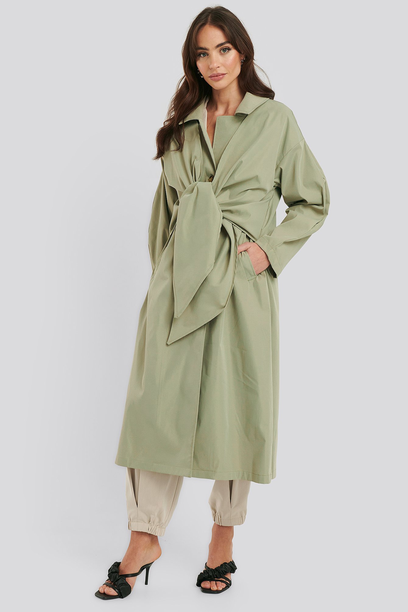 NA-KD Trend Tie Front Trench Coat - Green
