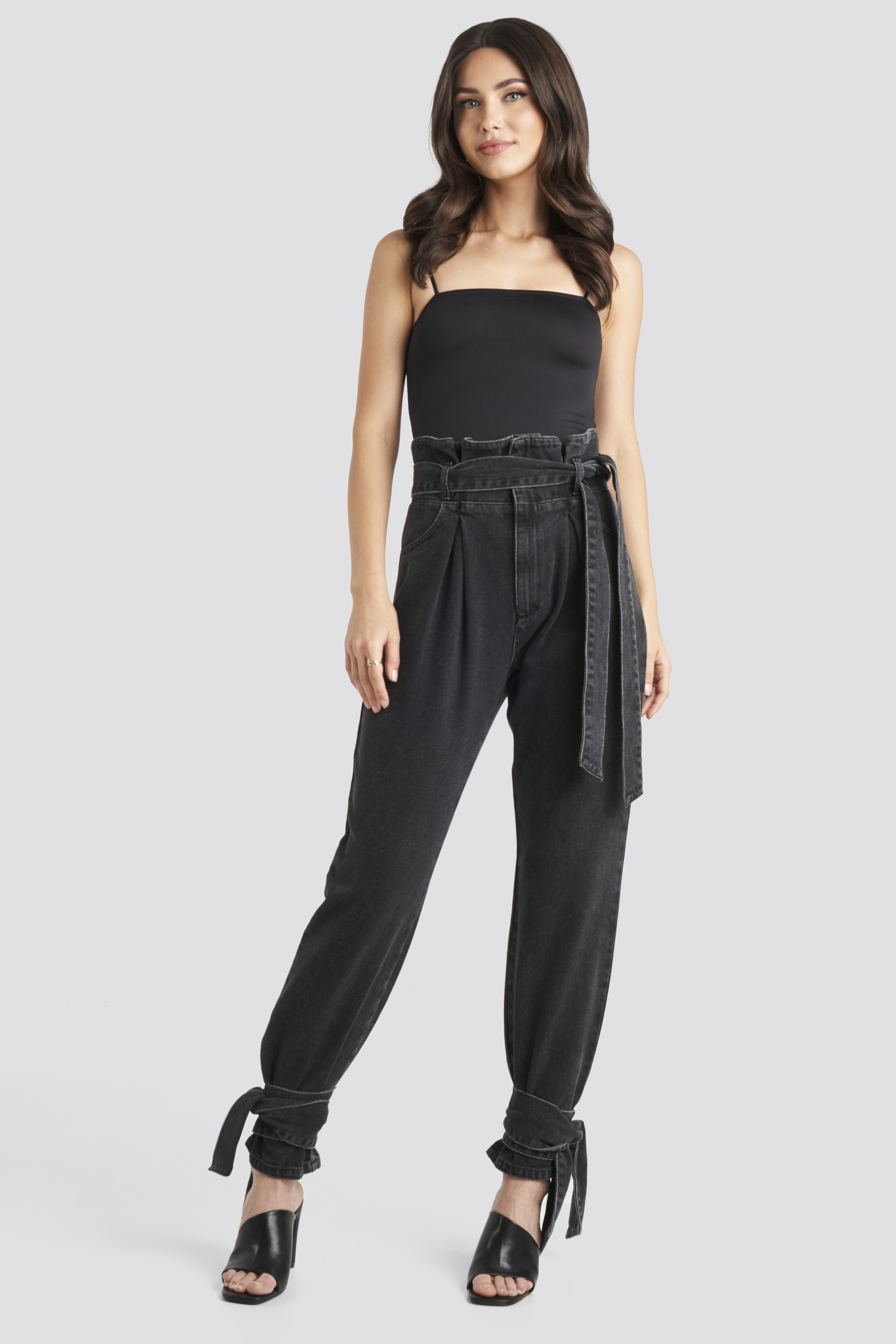 Tie Hem Paperbag Waist Jeans Black Stone Wash