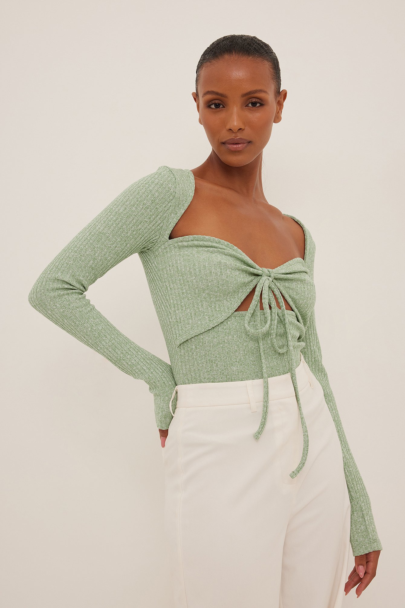NA-KD Trend Tie Neck Long Sleeve Top - Green