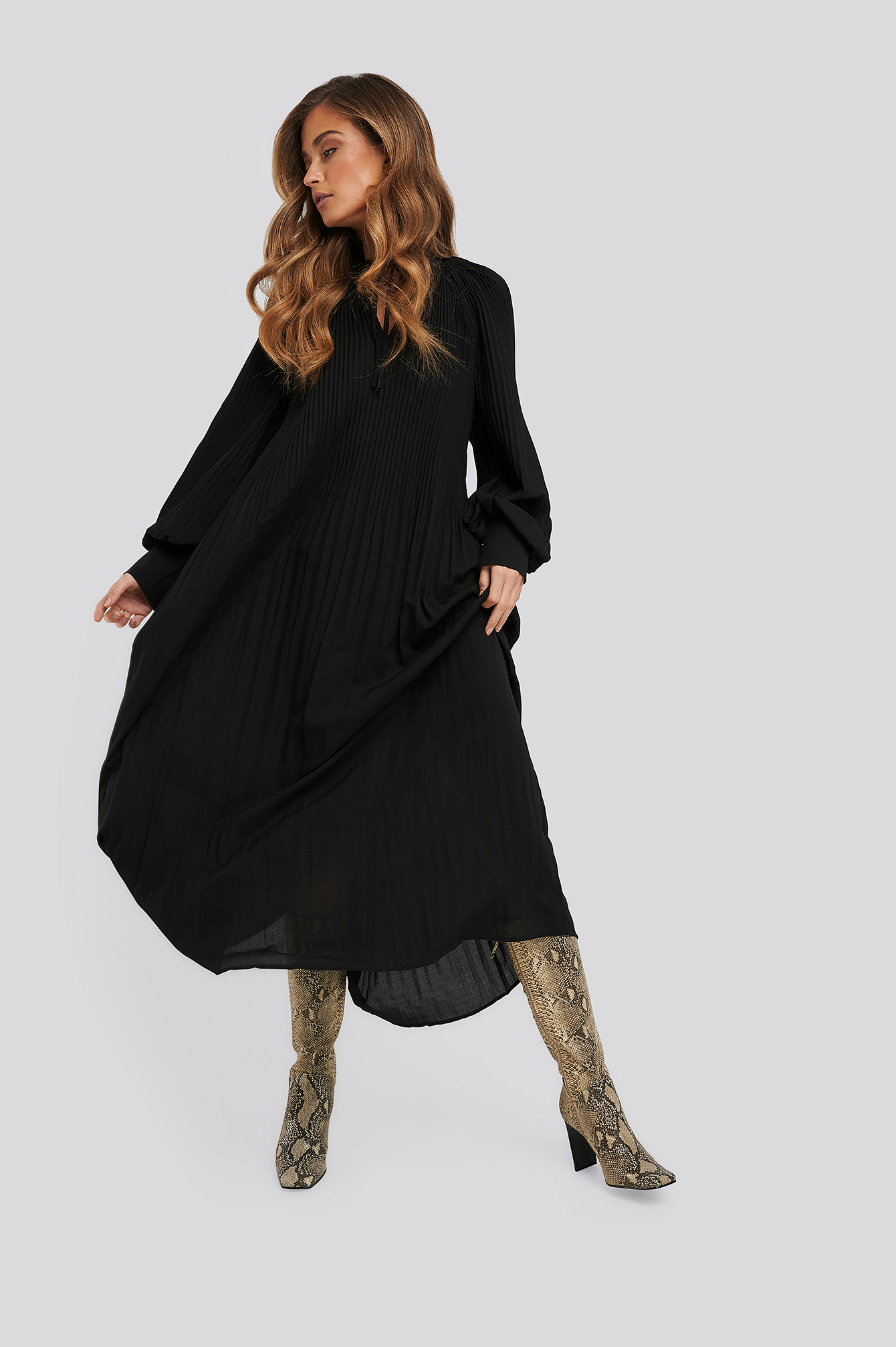 Tie neck pleated dress Clearance