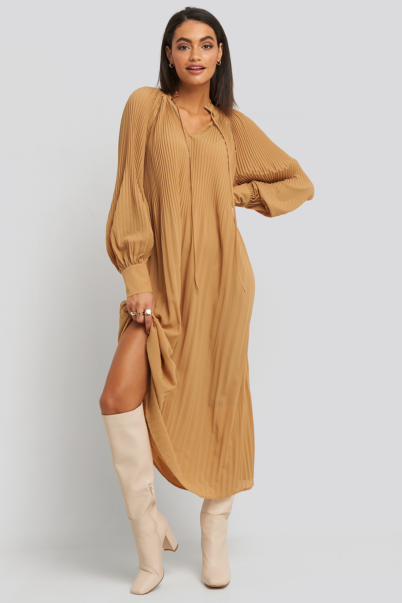 Tie Neck Pleated Dress Beige