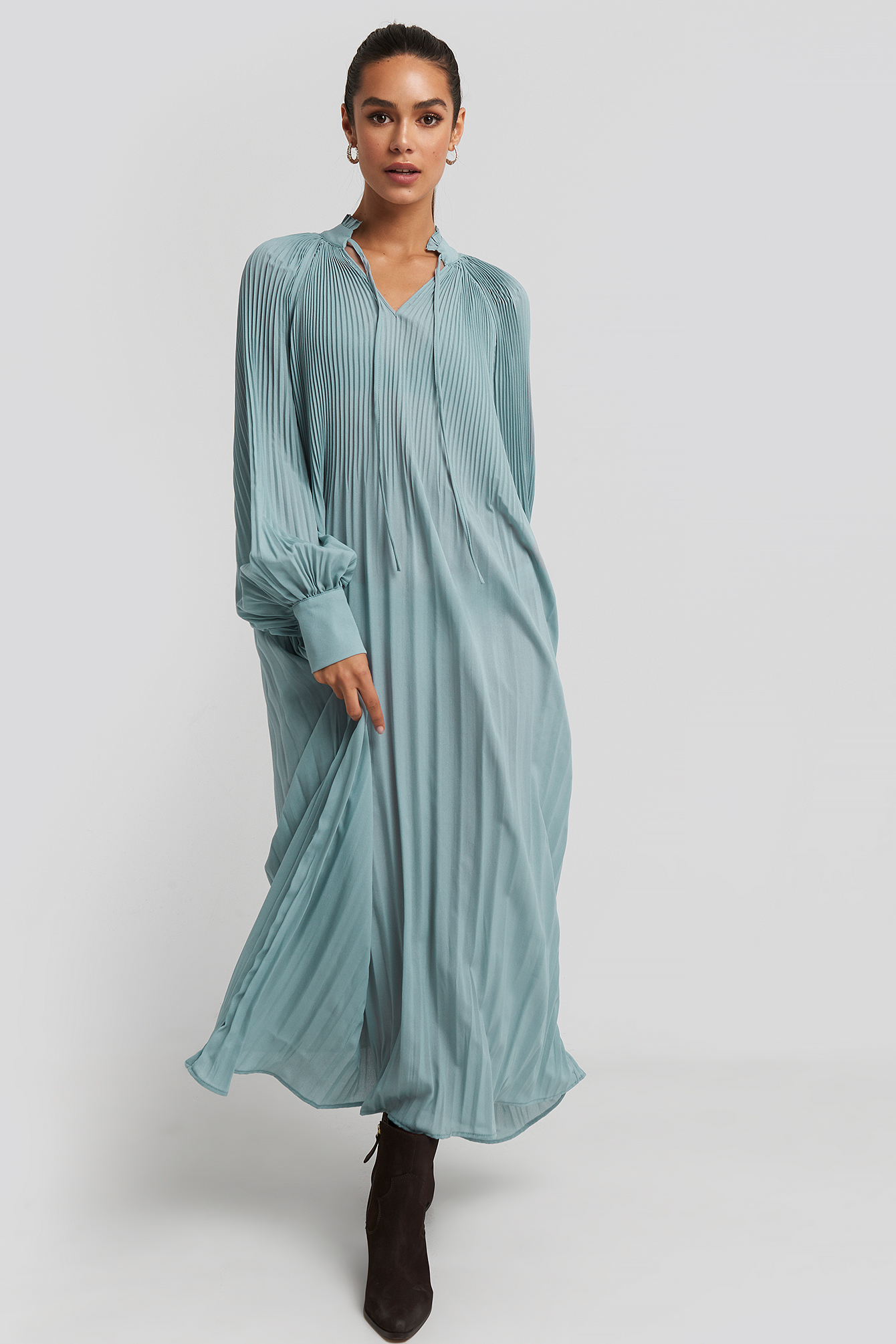Tie Neck Pleated Dress Dusty Blue