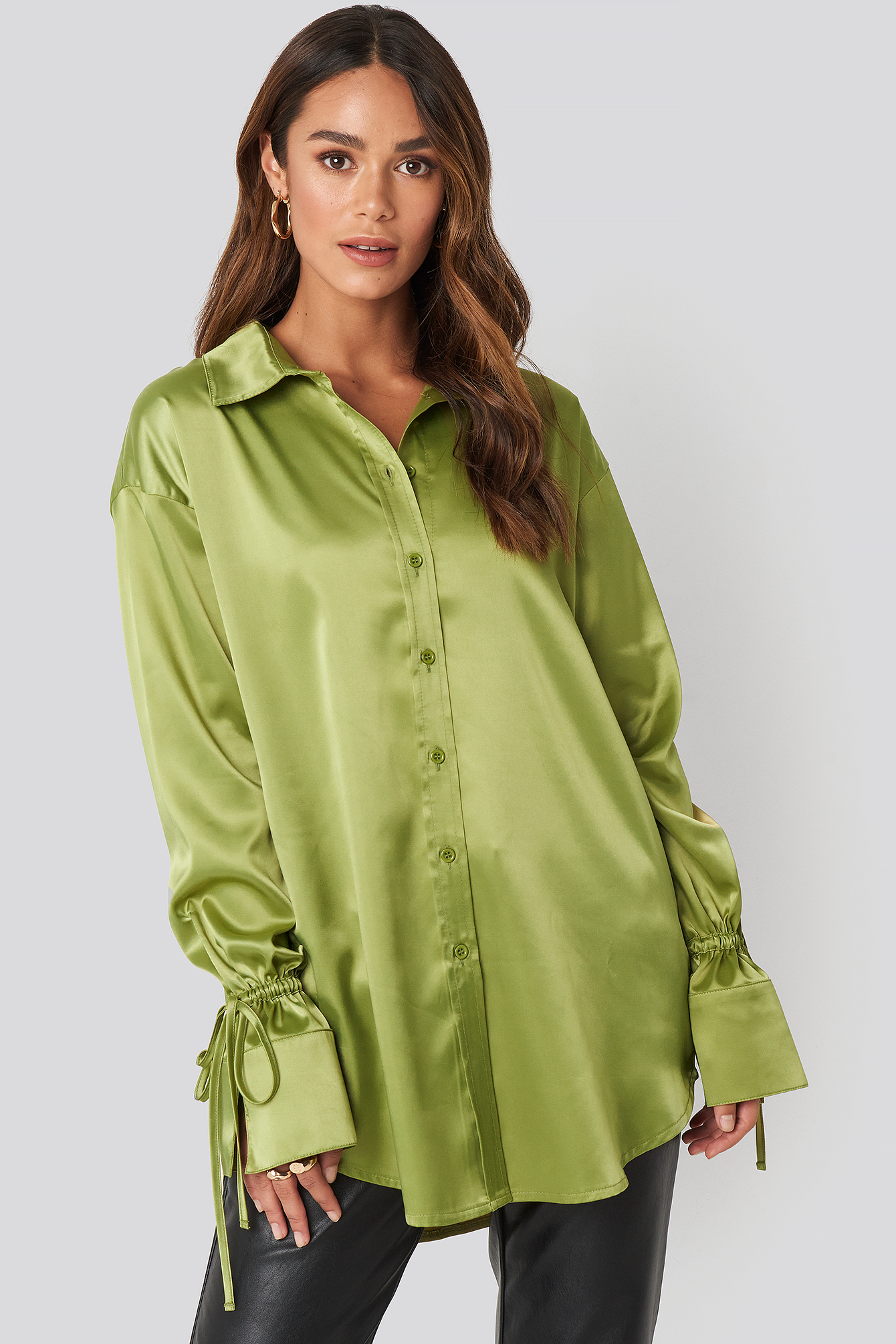 Tie Sleeve Satin Shirt Green