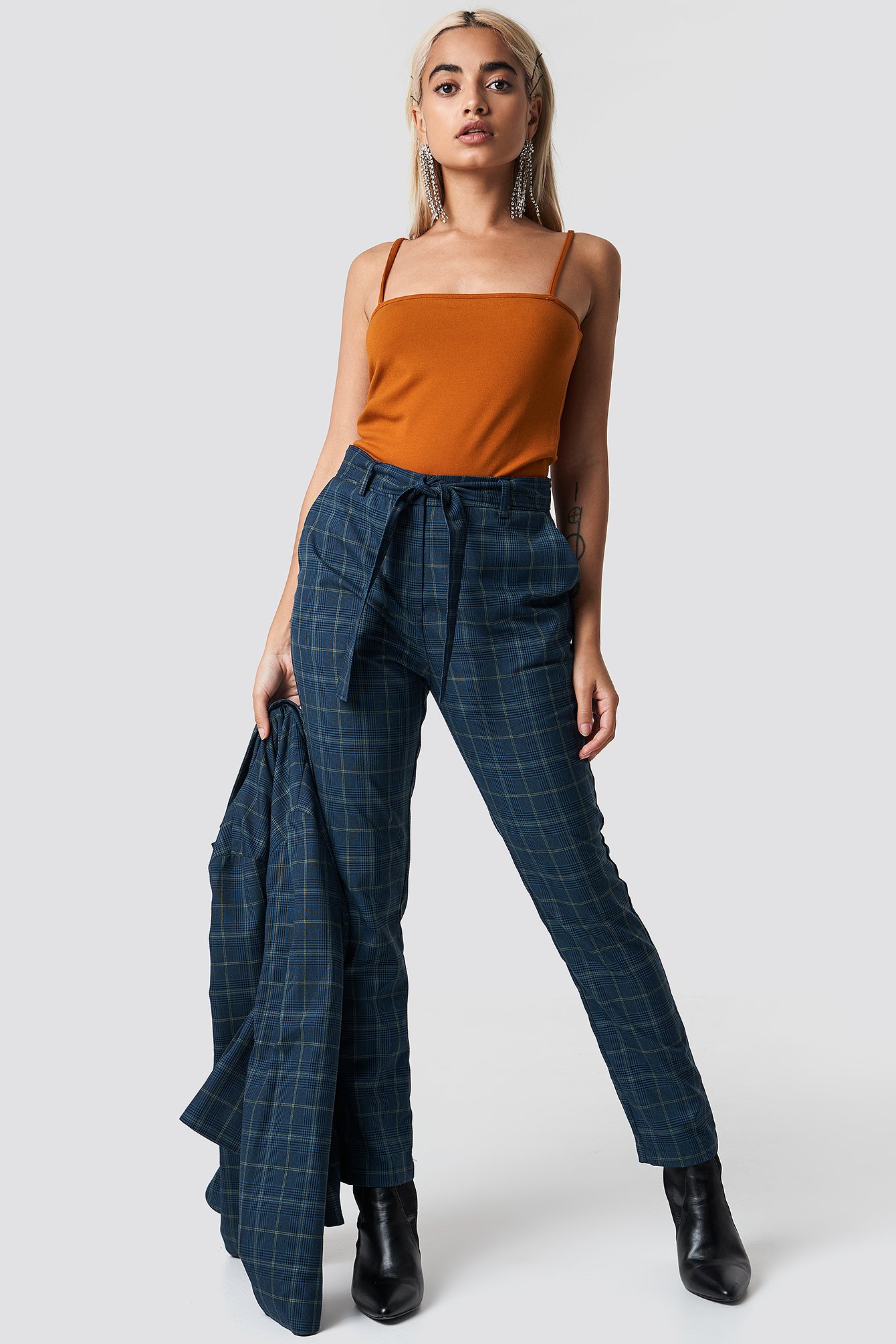 Blue Check NA-KD Classic Tie Waist Checked Suit Pants