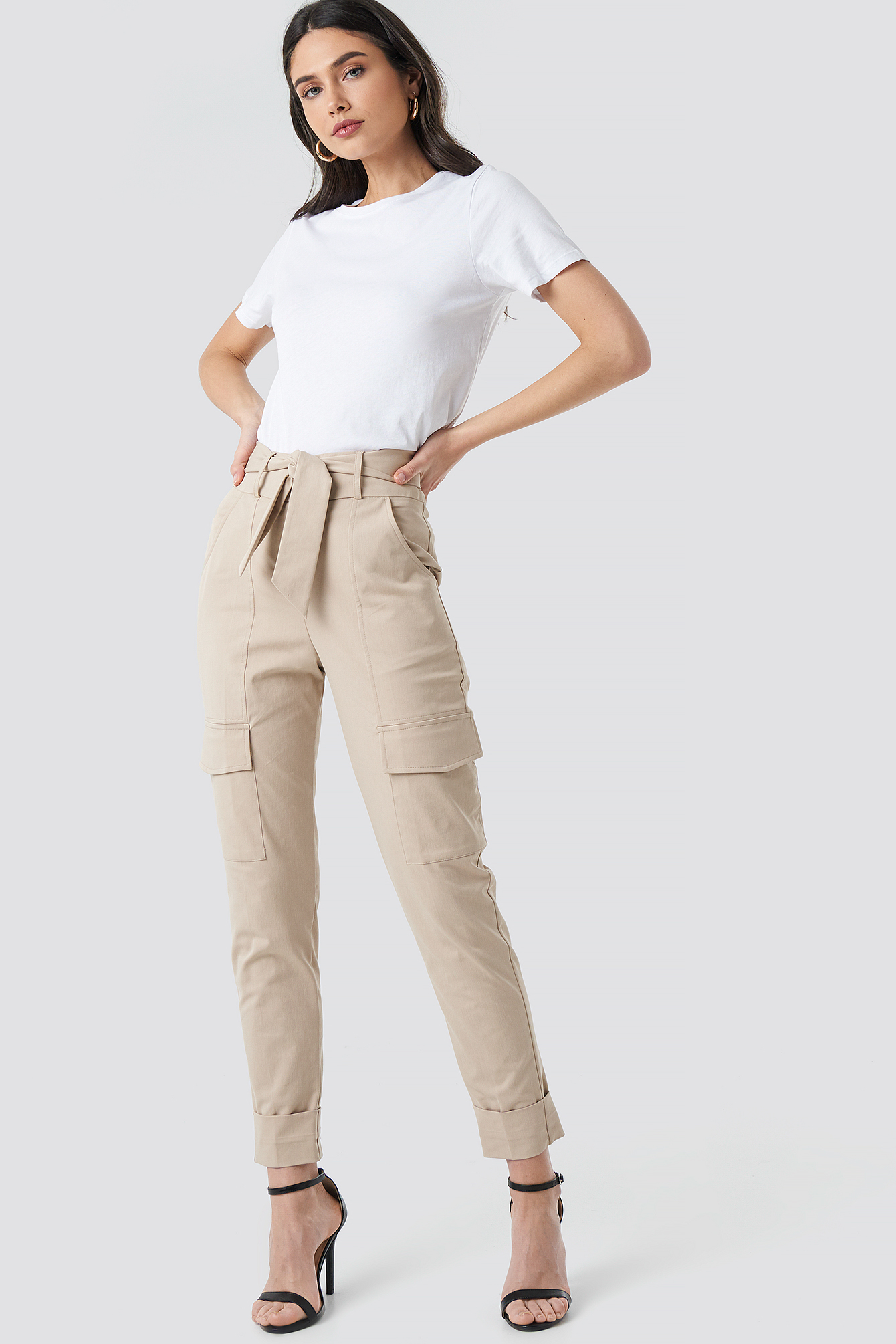 Tie Waist Patch Pocket Pants Beige