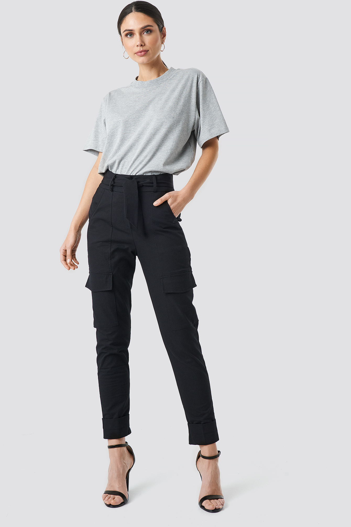 Tie Waist Patch Pocket Pants Black