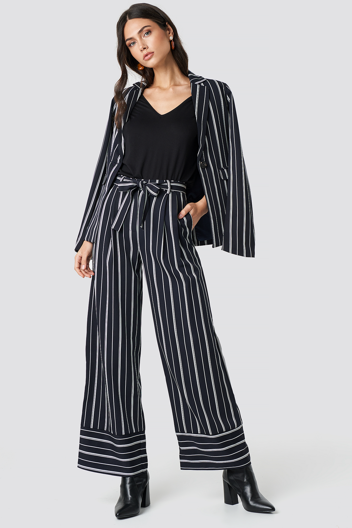 Tie Waist Striped Wide Pants Dark Navy