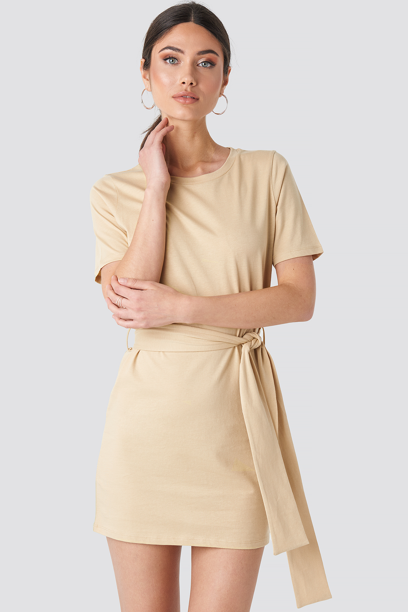 Tie Waist T-shirt Dress Beige