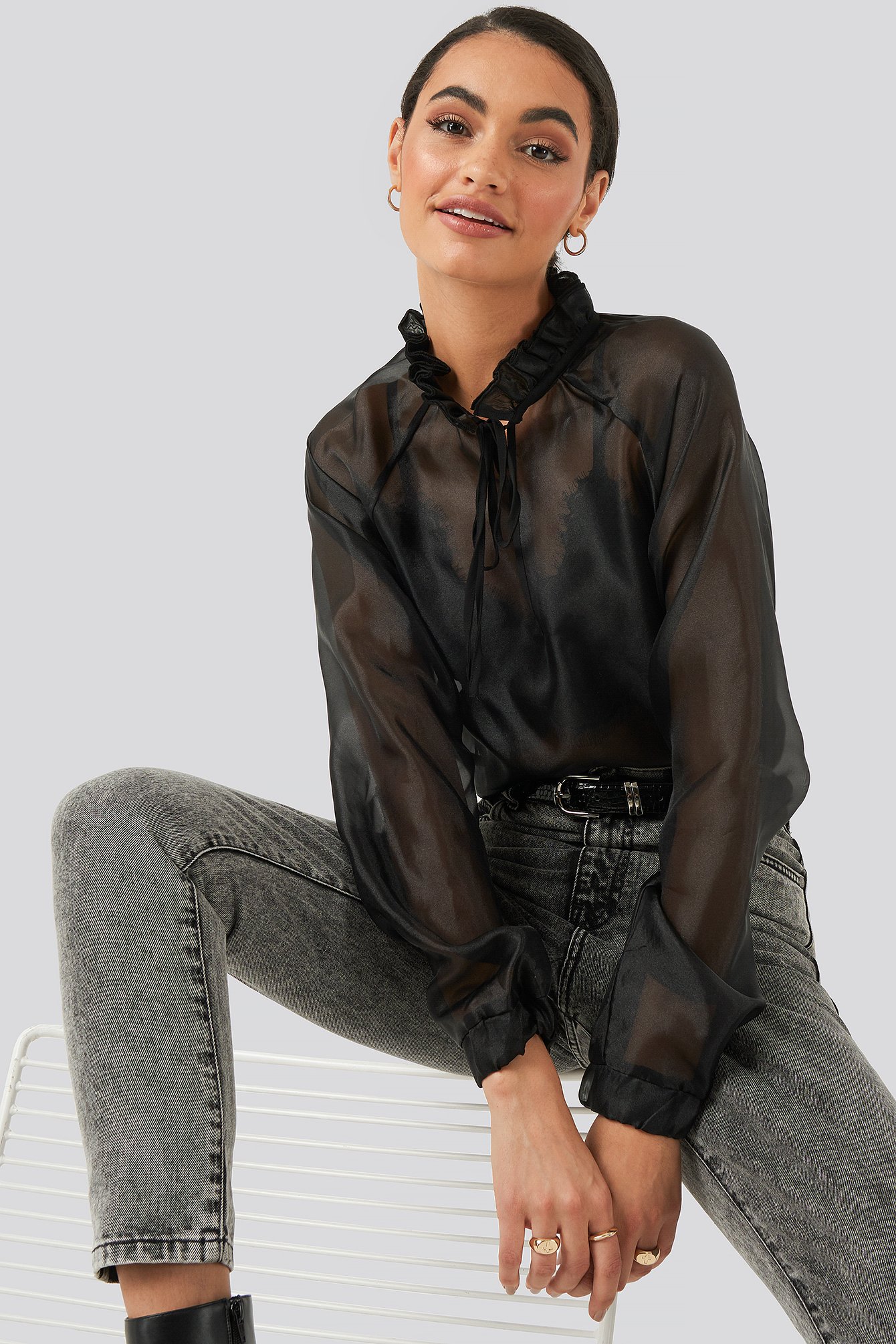 Black Tied Front Organza Blouse