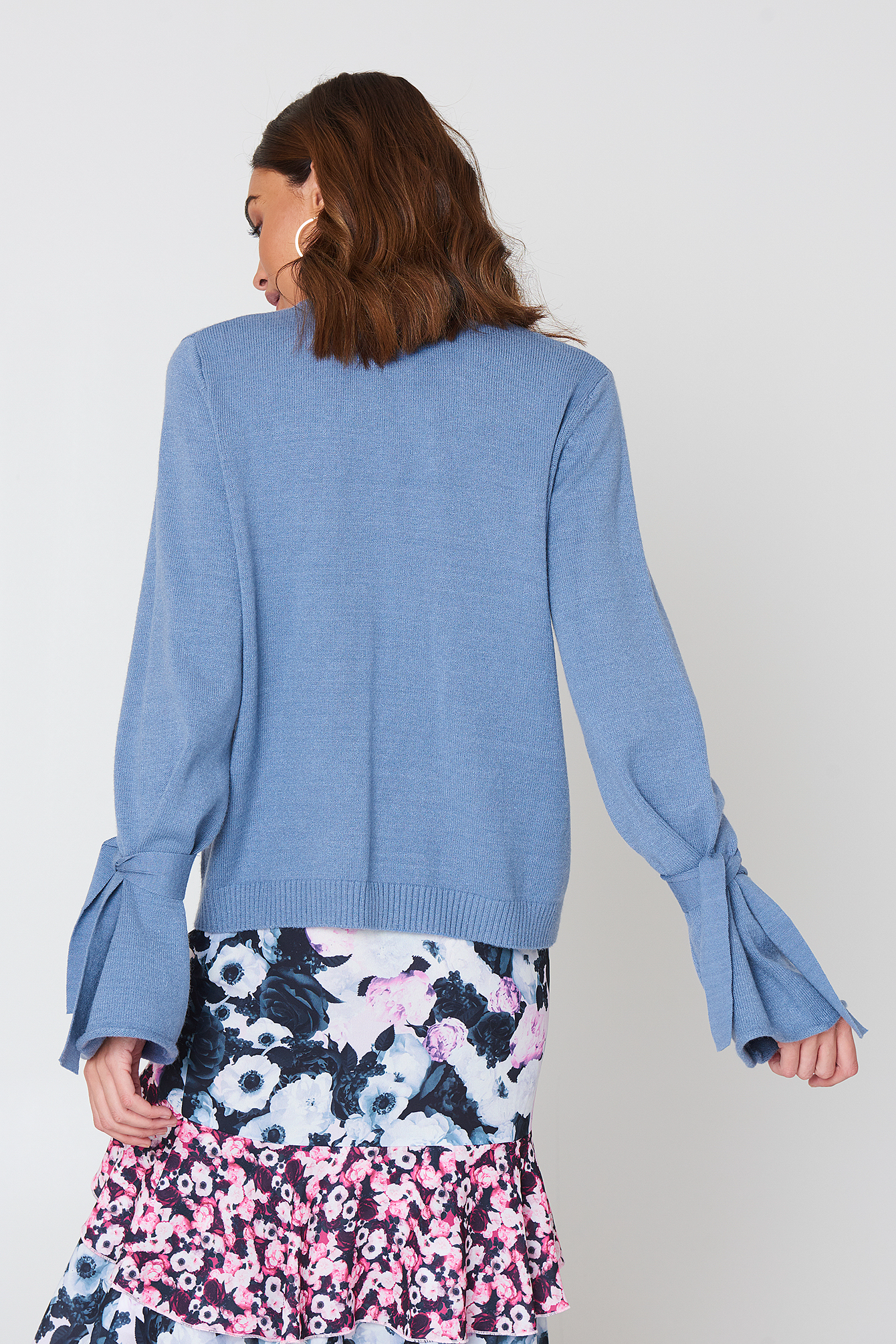 Tied Sleeve Knitted Sweater Blue