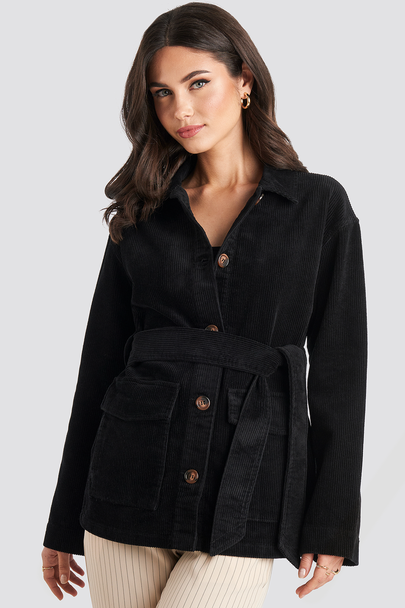 Tied Waist Corduroy Jacket Black