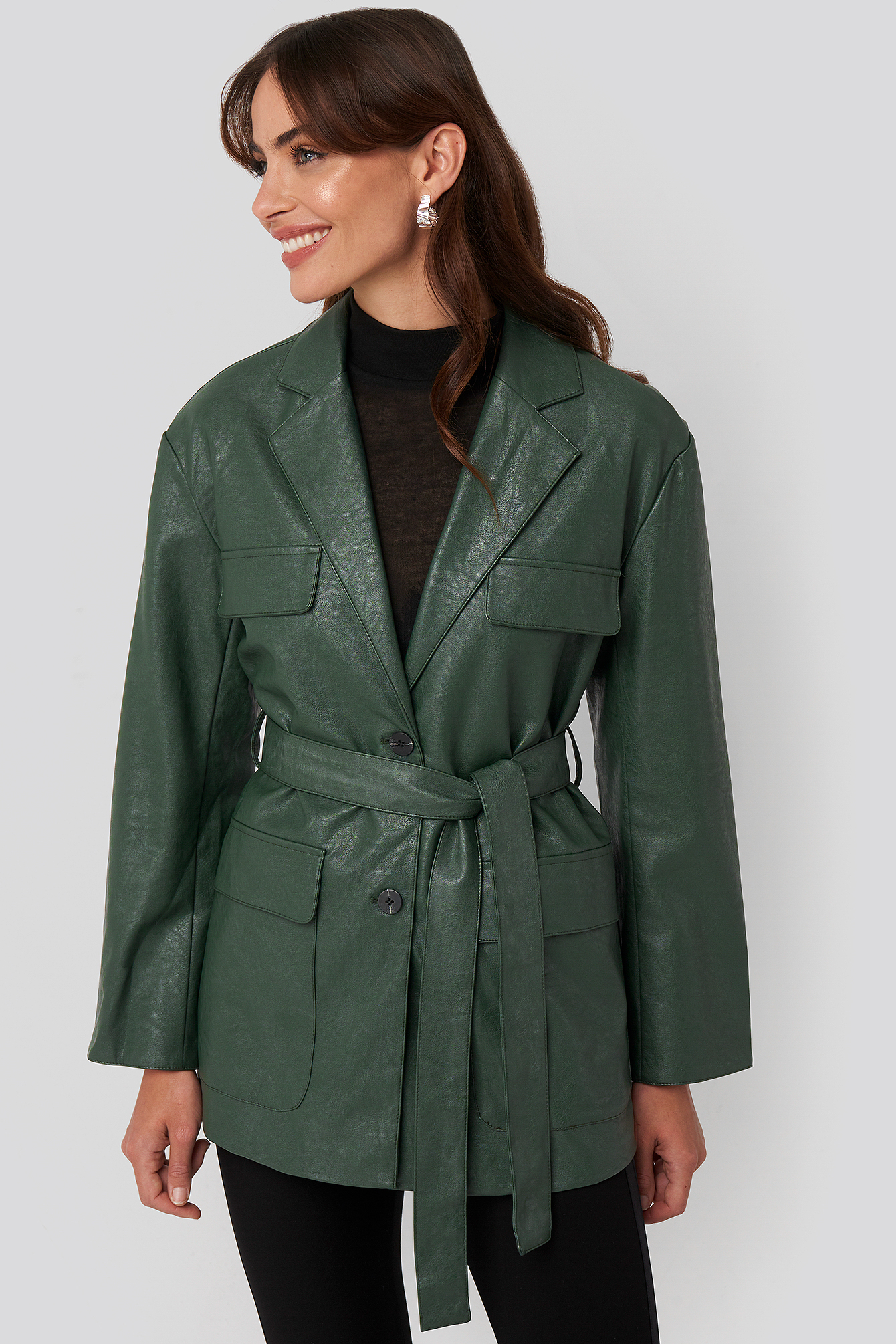 Tied Waist Pu Jacket Green