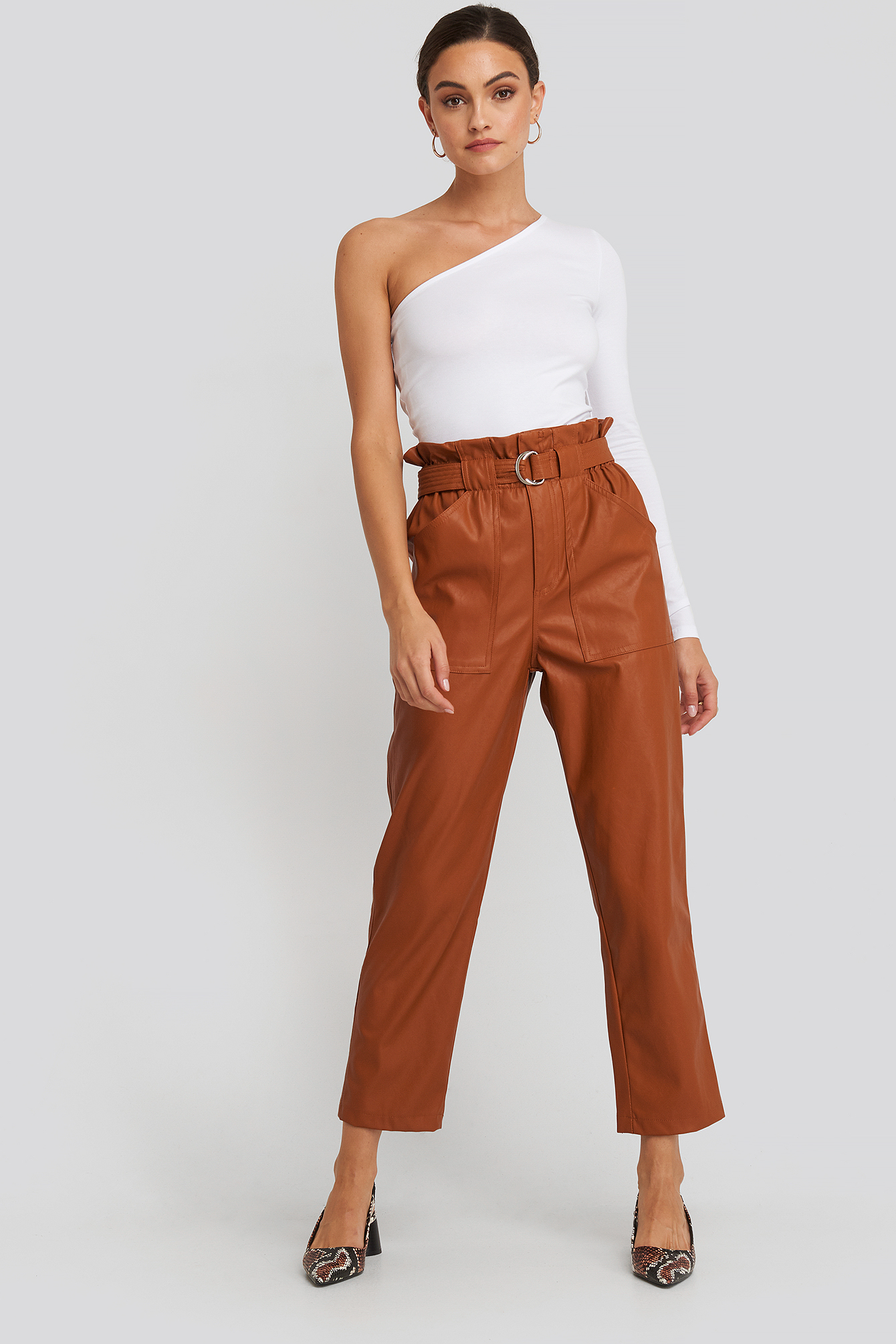 Tied Waist Pu Pants Cognac