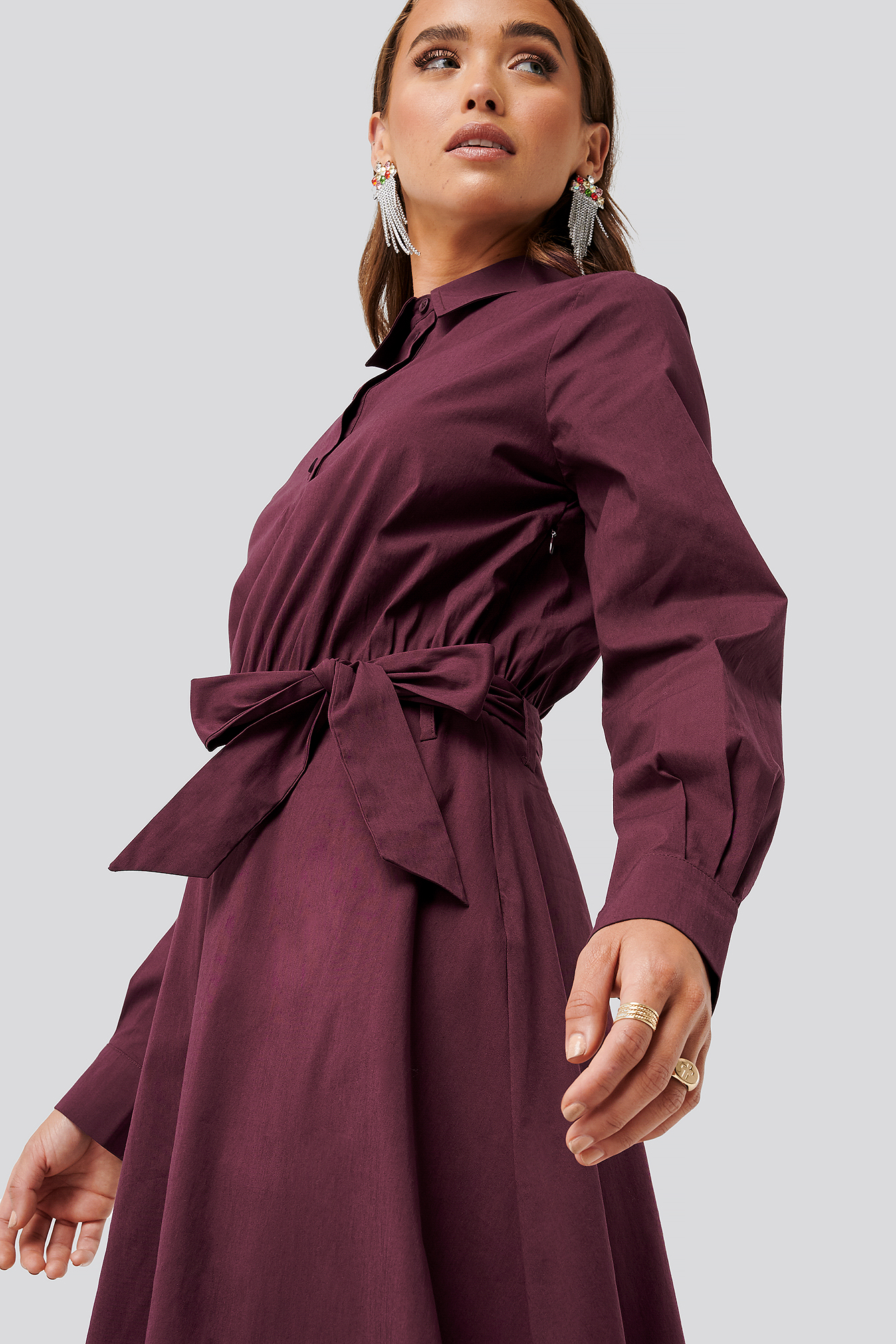 Tied Waist Shirt Dress Burgundy