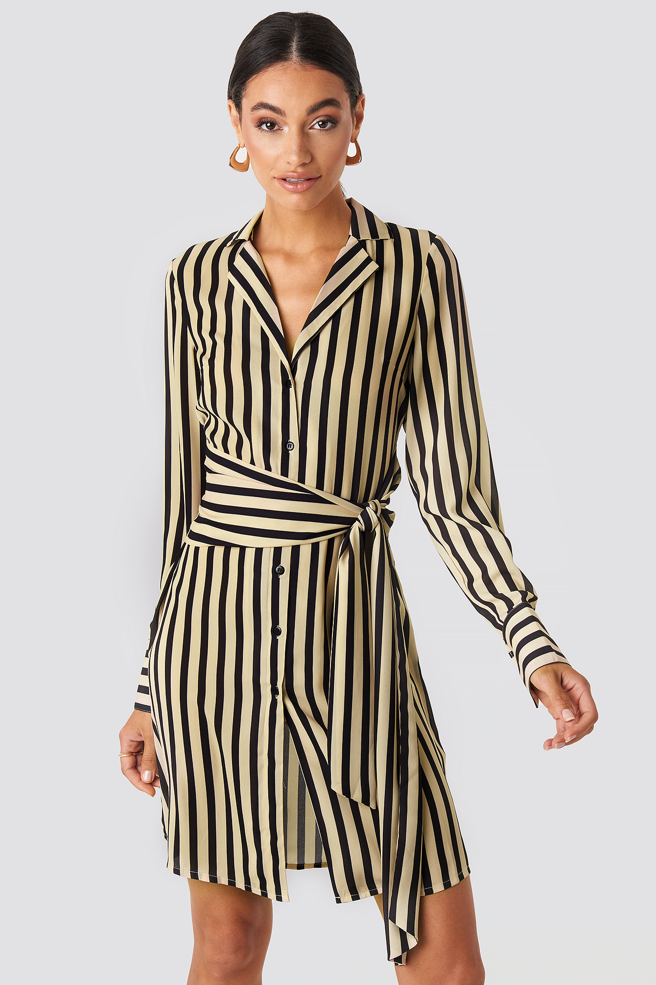 Tied Waist Striped Dress Black/Beige