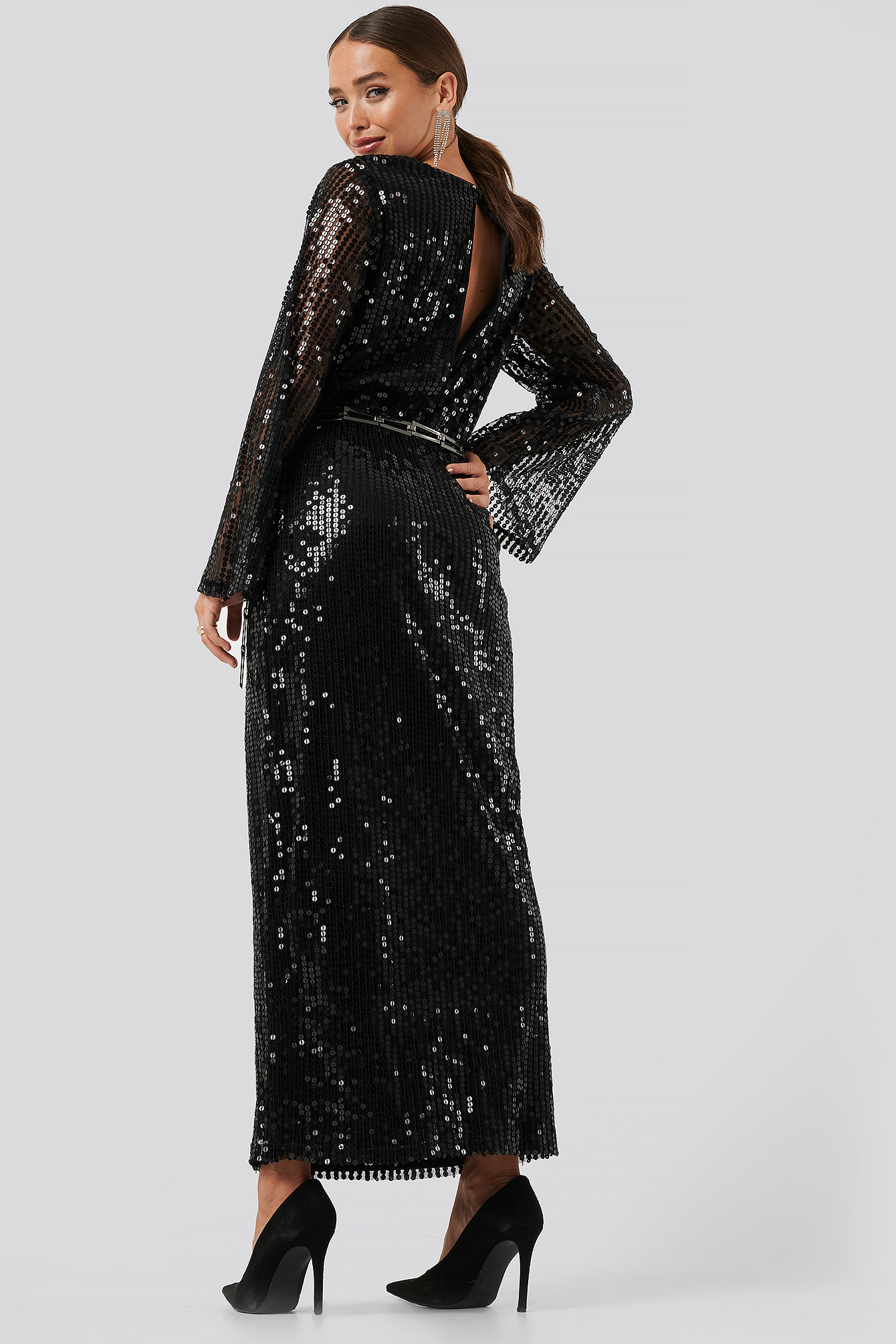 Trumpet Sleeve Sequin Dress Black