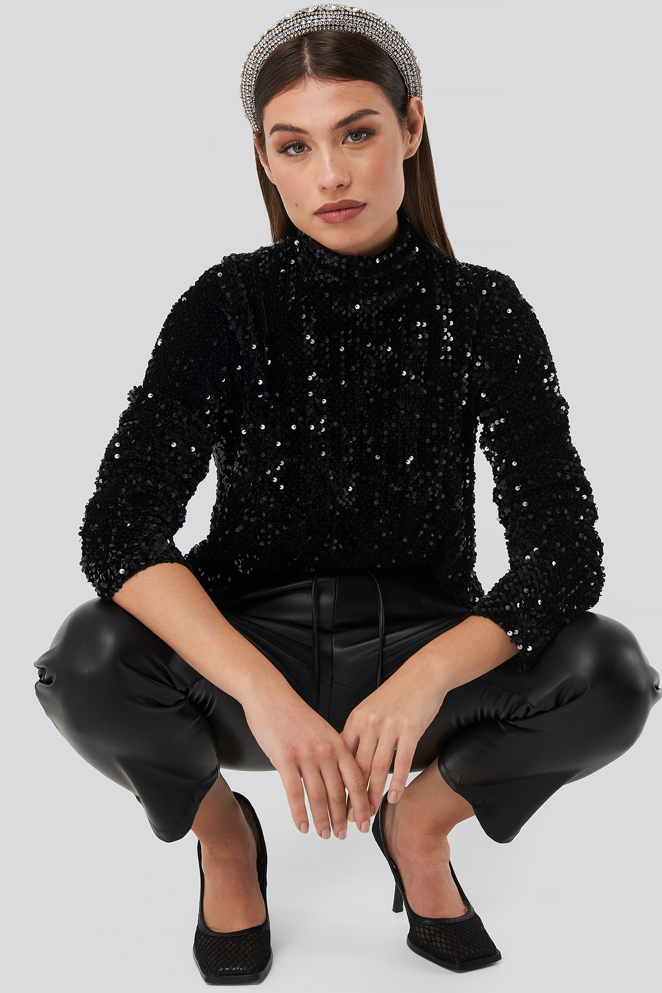 Turtle Neck Sequine LS Top Black