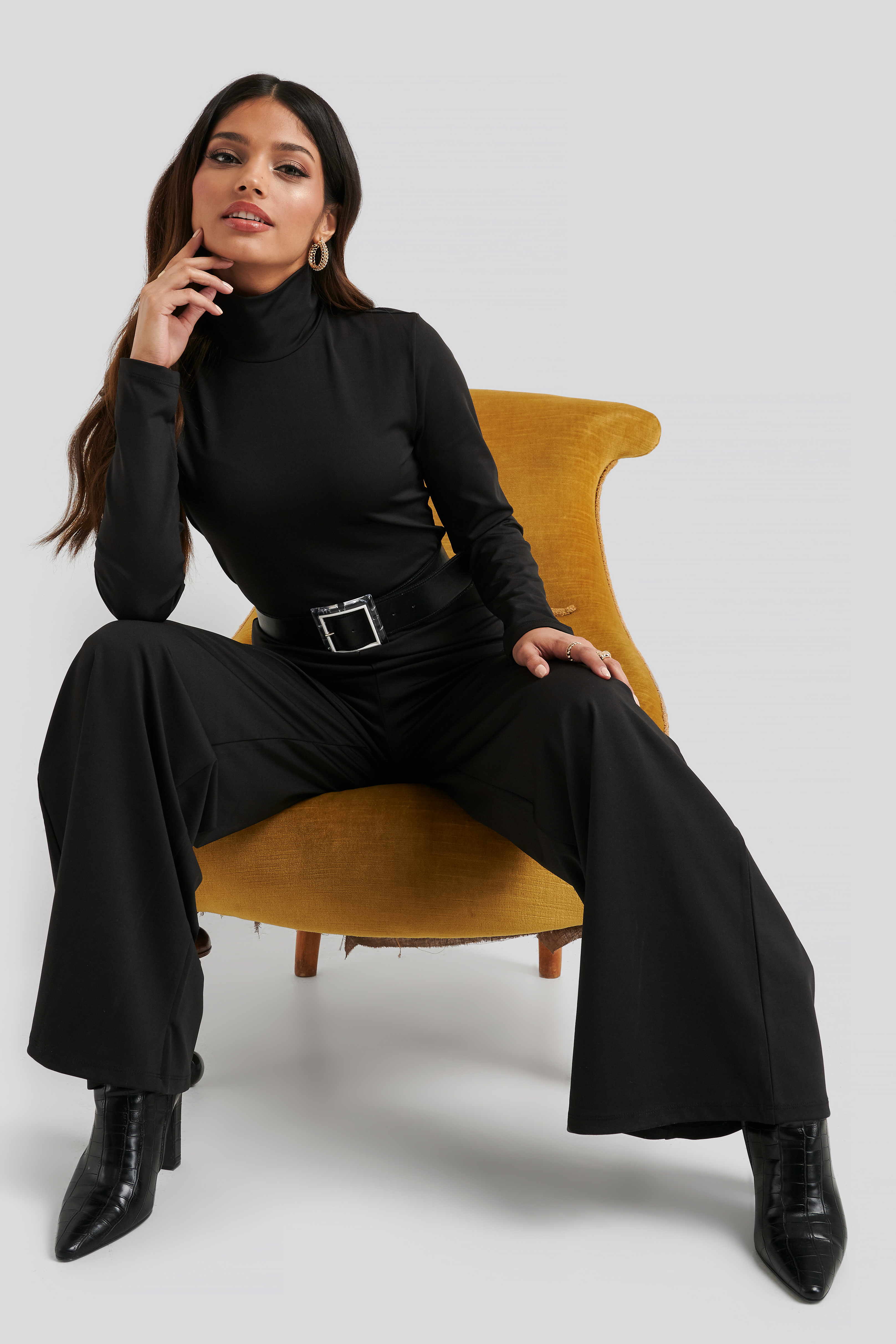 Turtle Neck Long Sleeve Jersey Jumpsuit Black