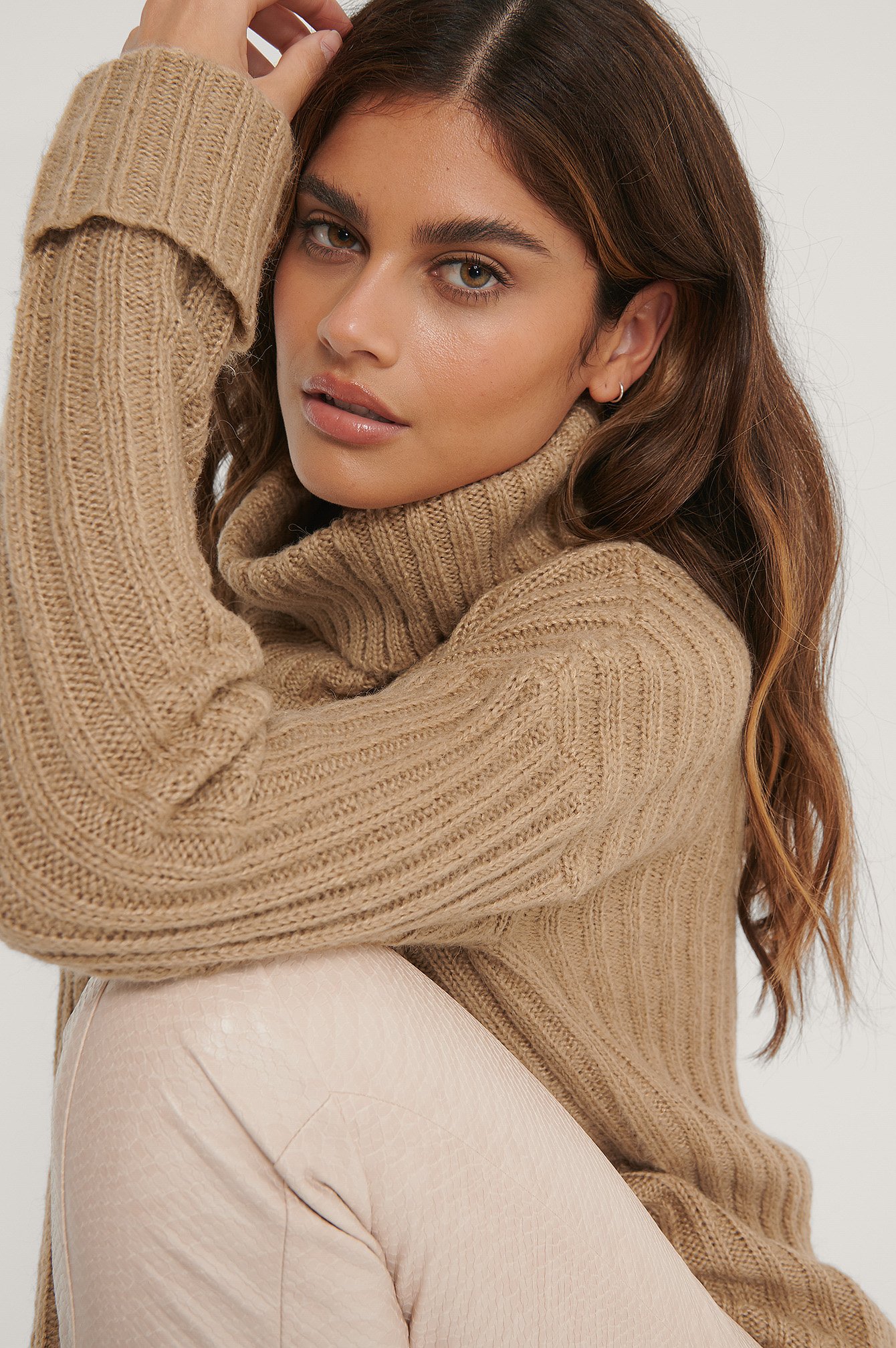 Beige Turtleneck Ribbed Knitted Sweater