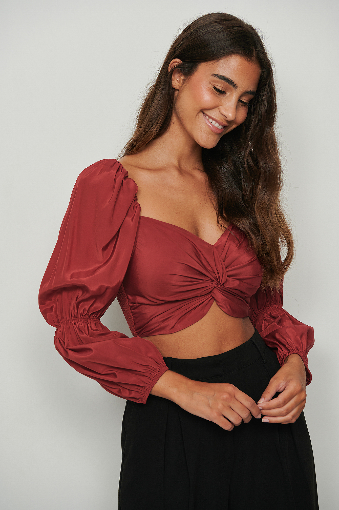 NA-KD Party Recycled Twisted Front LS Blouse - Red