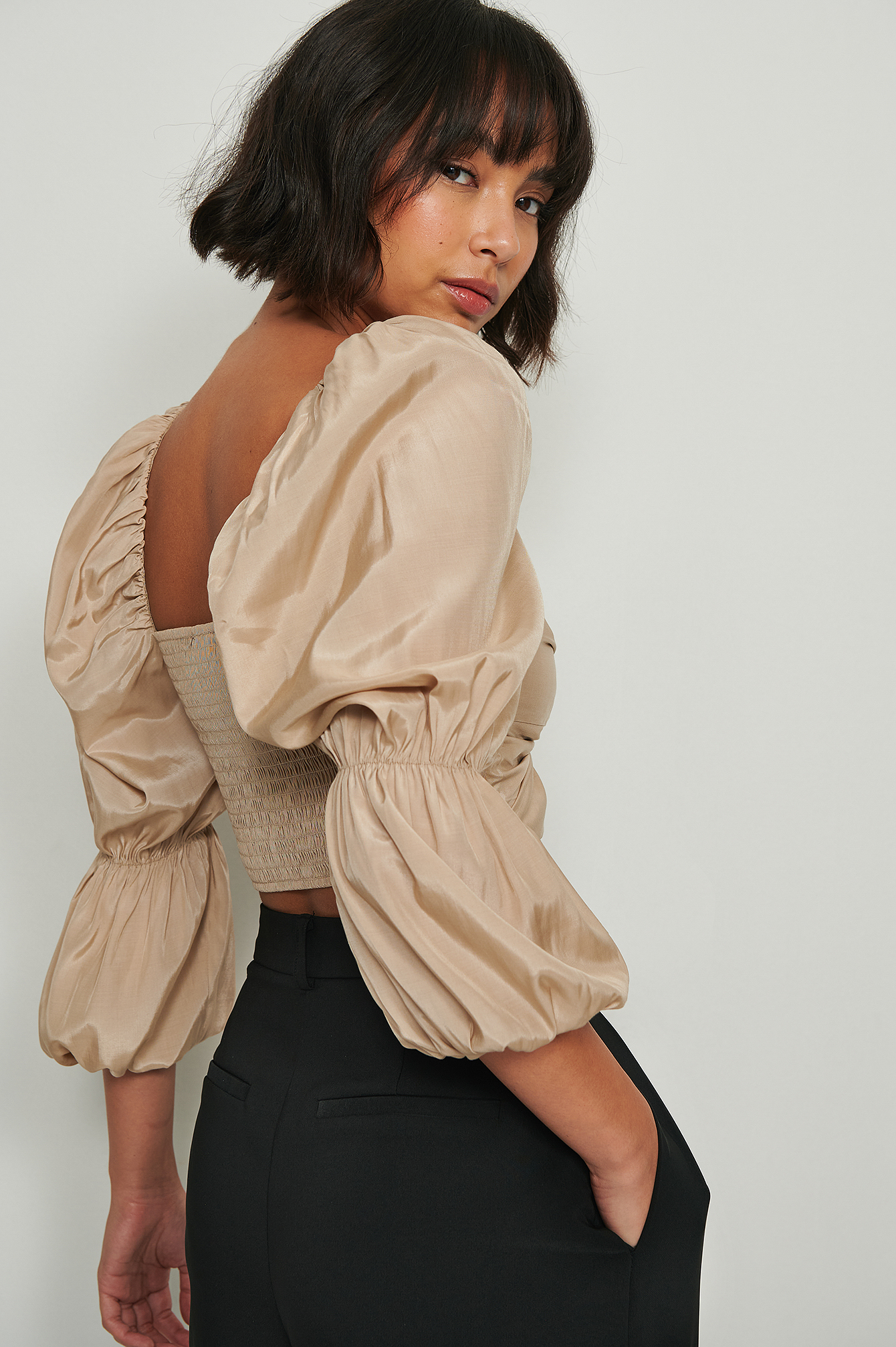 Beige Recycled Twisted Front LS Blouse