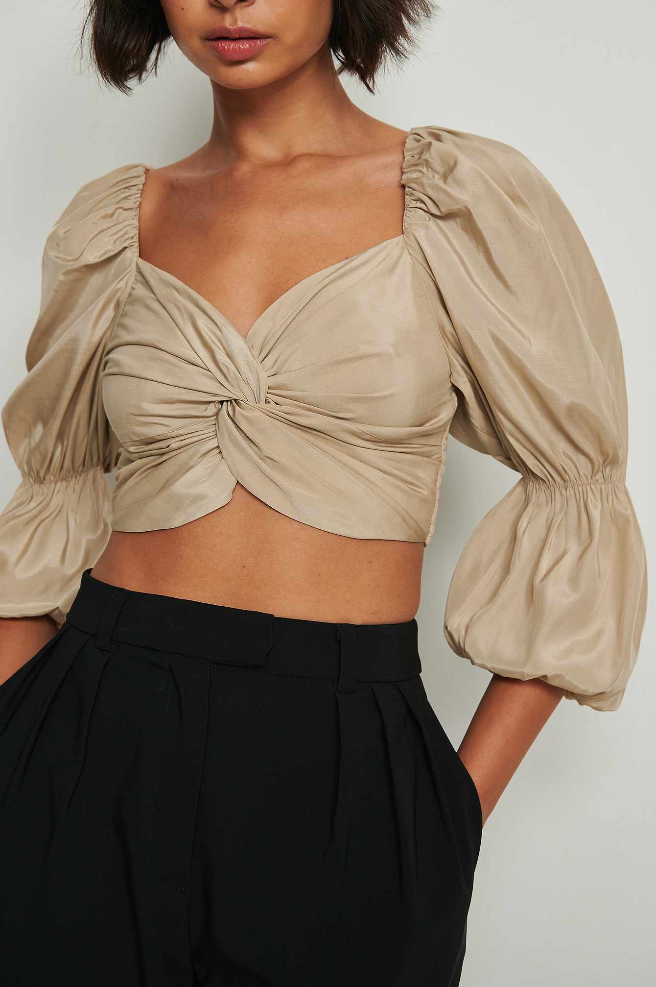 Beige Recycled Twisted Front LS Blouse