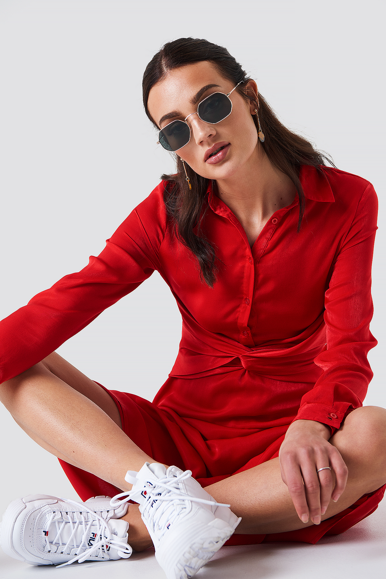 Twisted Waist Shirt Midi Dress Red