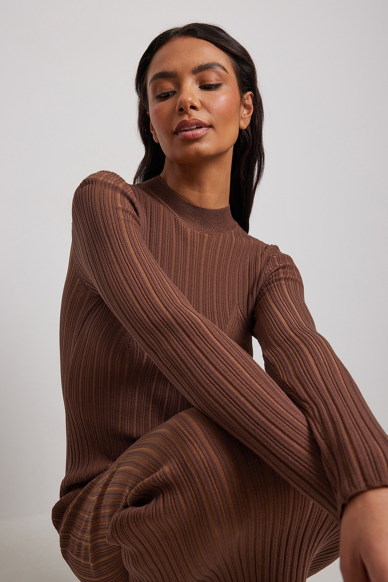 NA-KD Two Color Rib Knitted Turtle Neck Dress - Brown