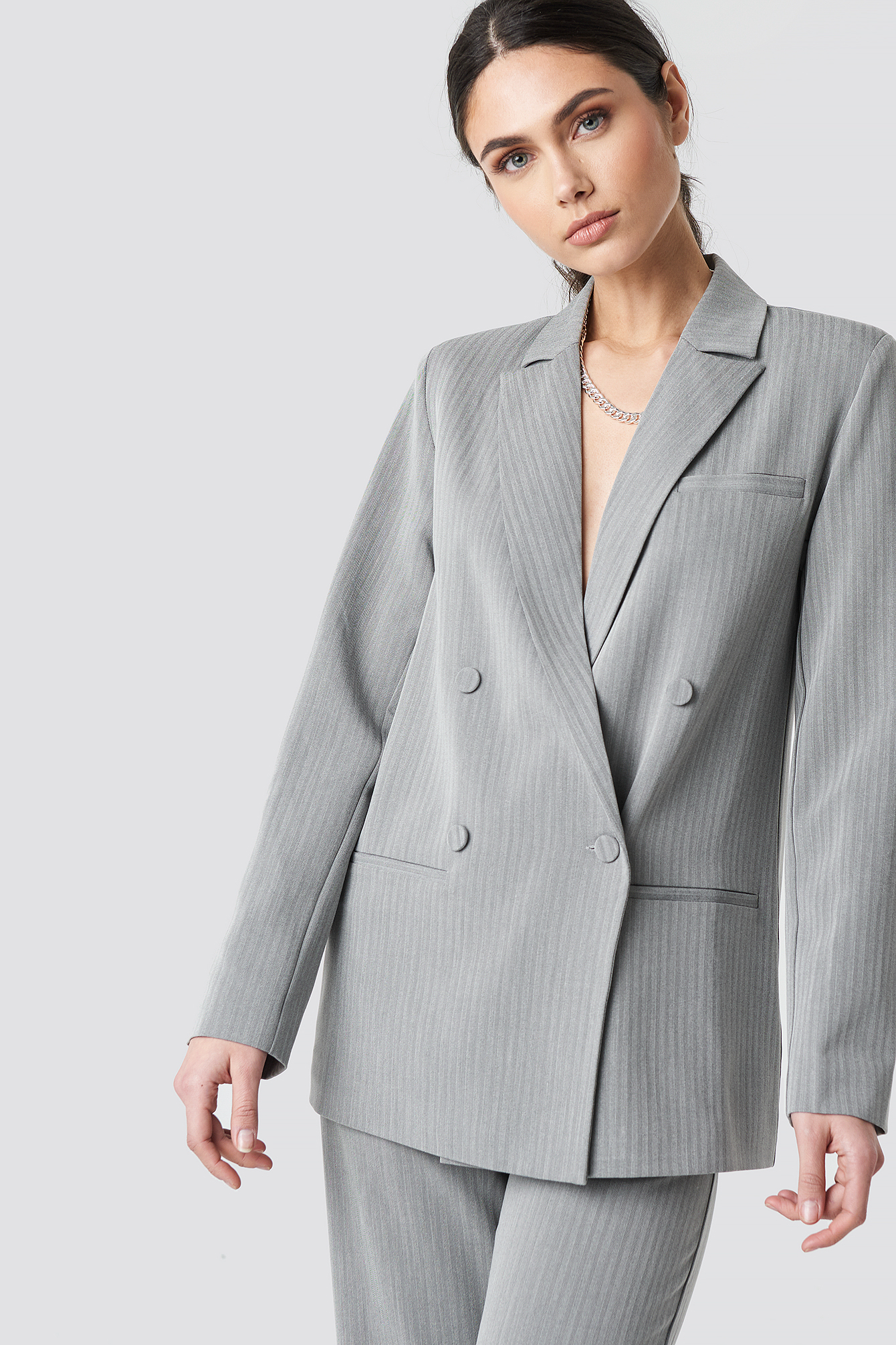 Two Tone Striped Double Breasted Blazer Grey