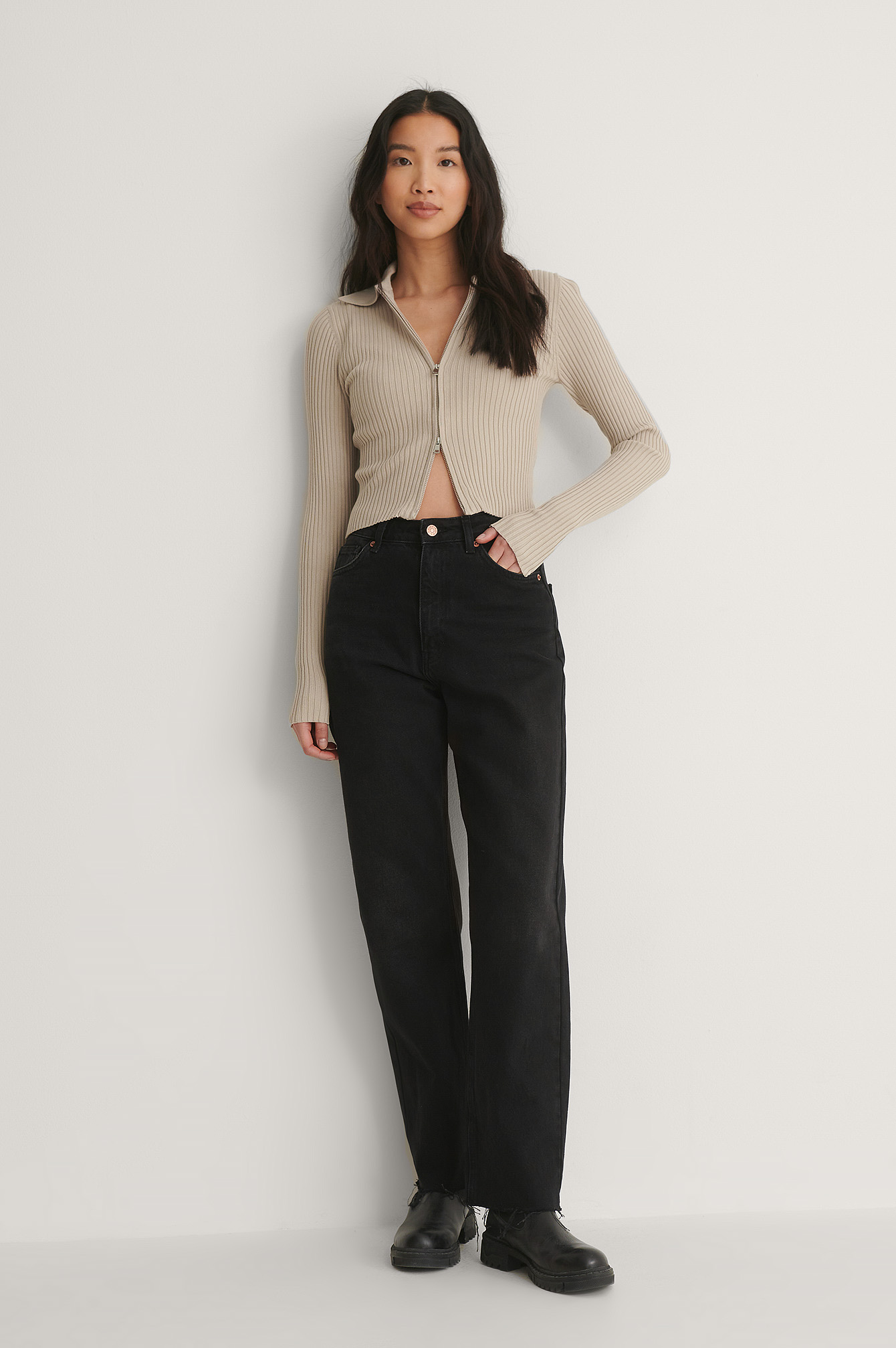 Two Way Zipper Knitted Sweater Beige na kd com