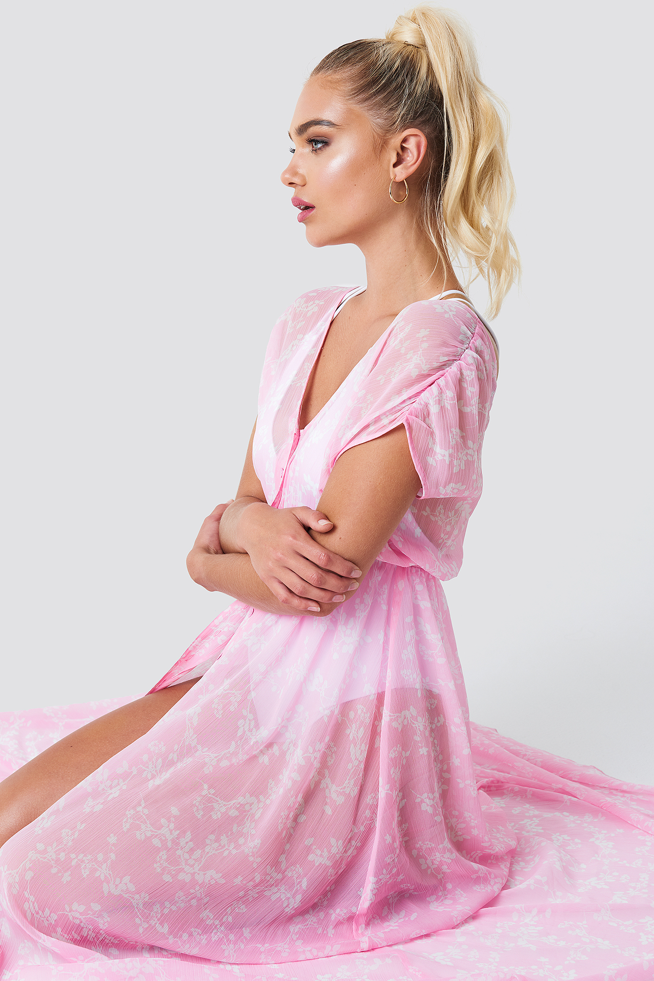 Button Up Kimono Dress Pink/White Blossom