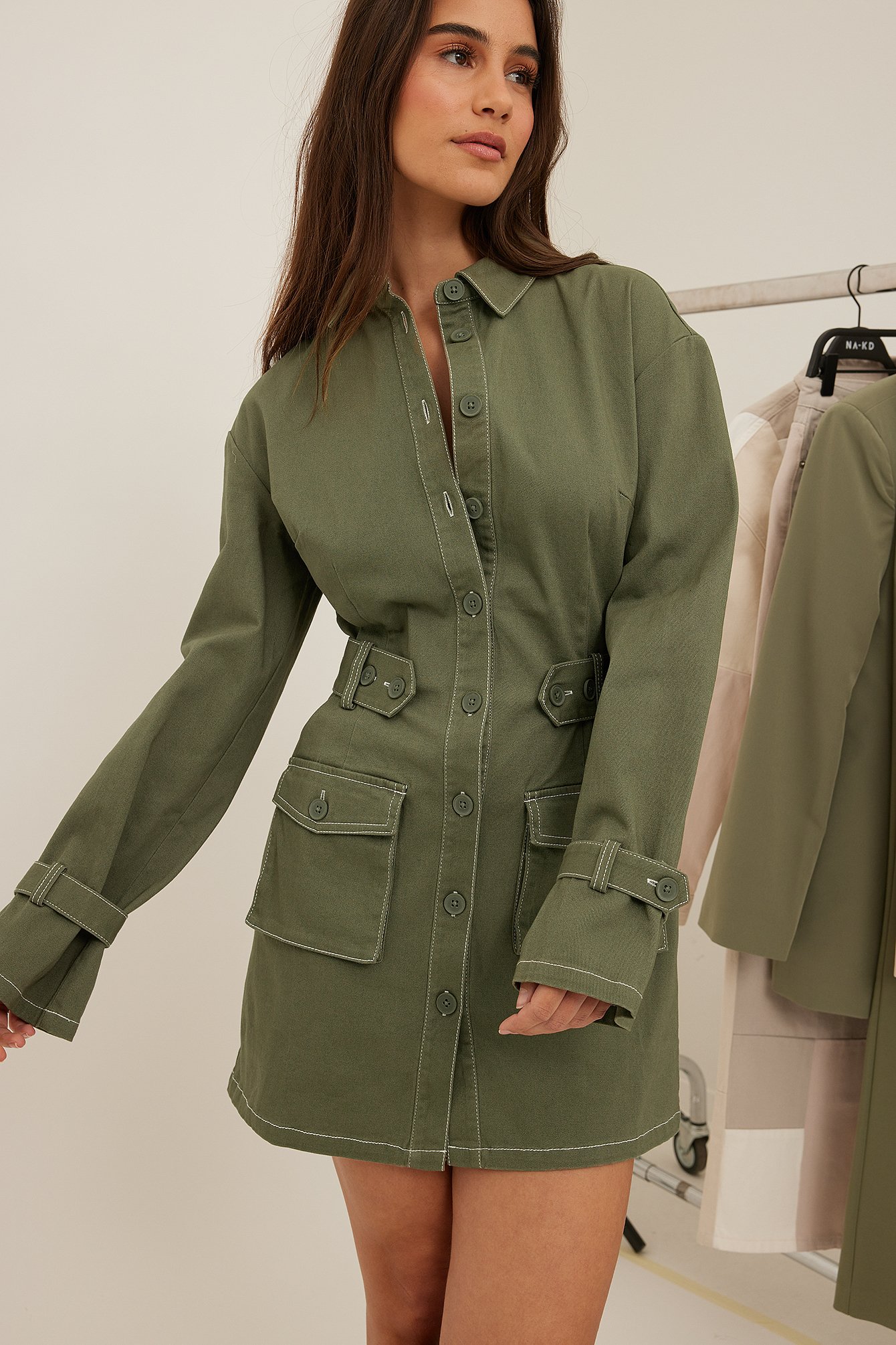 Khaki Green Utility Button Detail Mini Dress