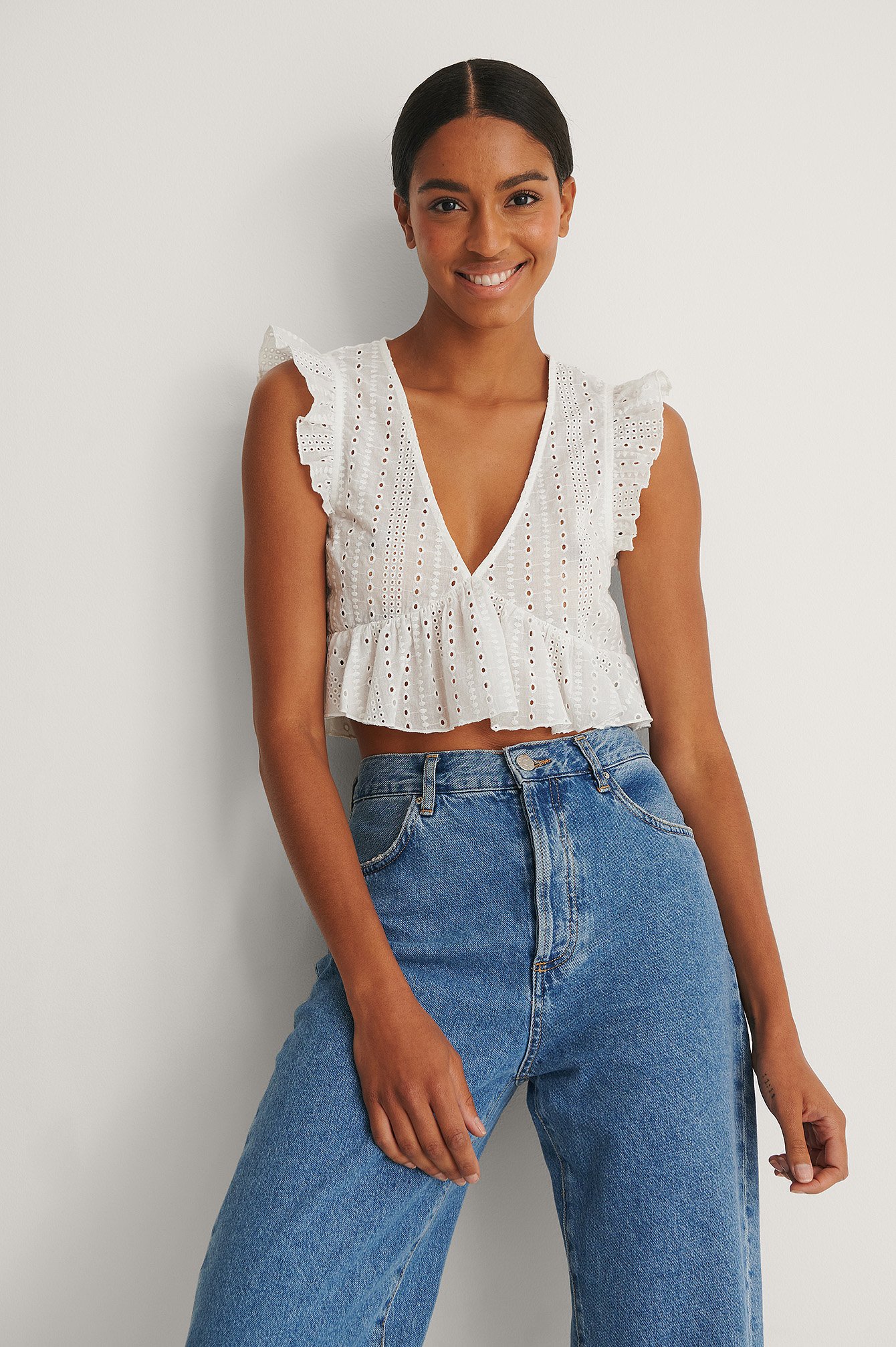 White Organic V-neck Anglaise Cropped Top