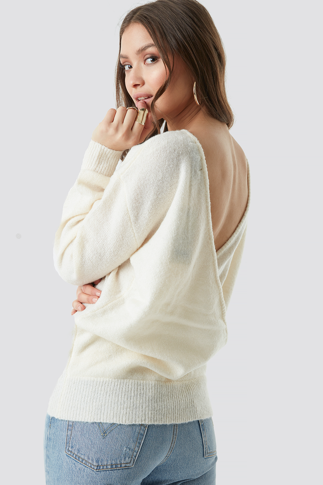 V-Neck Back Overlap Knitted Sweater Offwhite