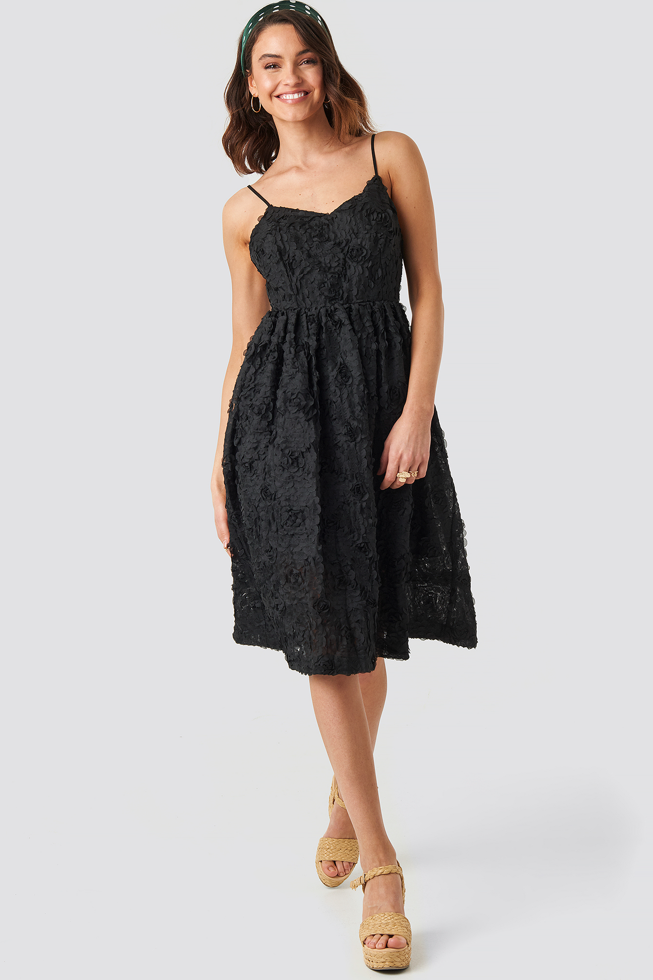 V-Neck Flower Applique Dress Black