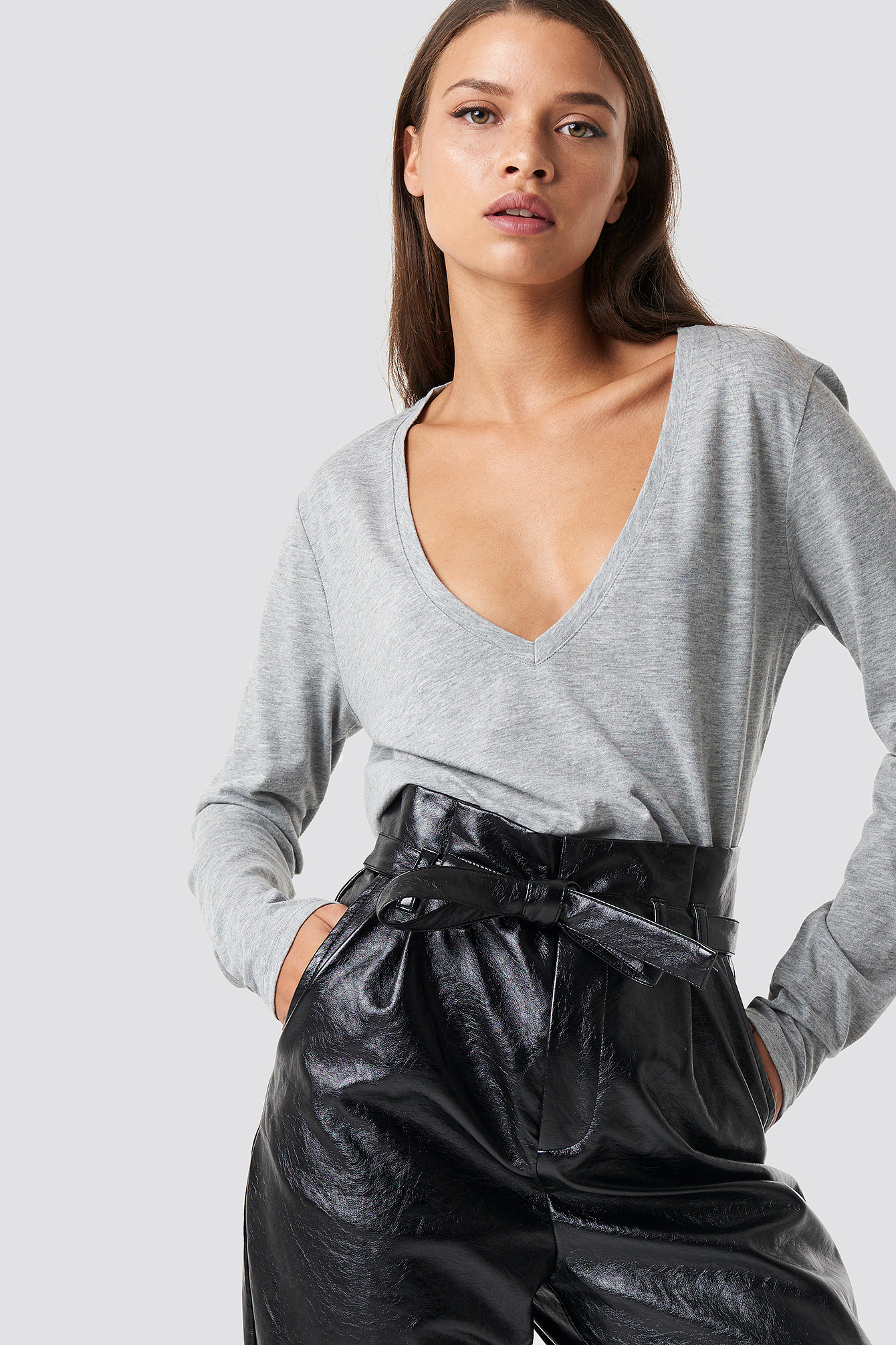 V-neck Long Sleeve Top Grey Melange