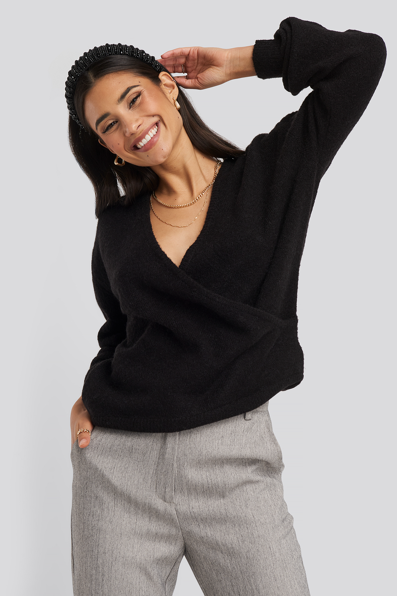 Black V-Neck Overlap Knitted Sweater