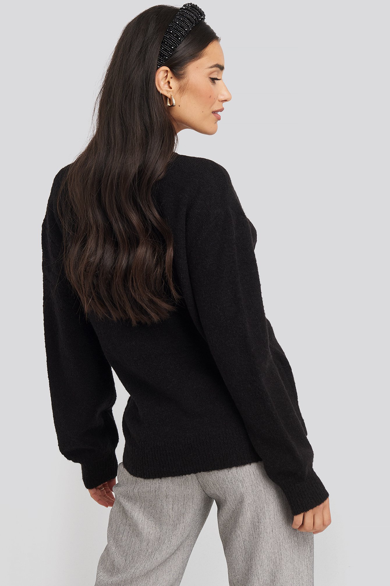 Black V-Neck Overlap Knitted Sweater